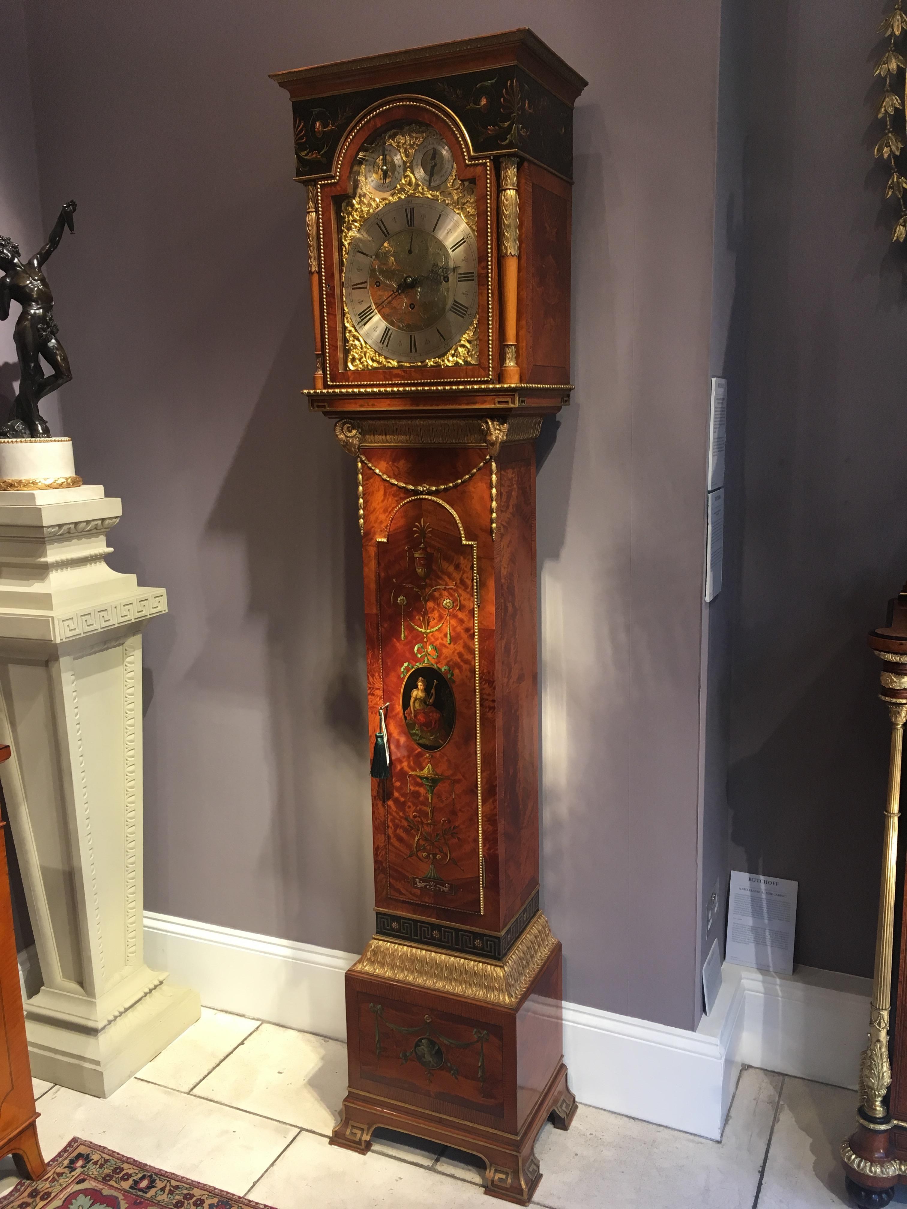 Bronze English Satinwood Longcase Clock in the Neoclassical Style For Sale