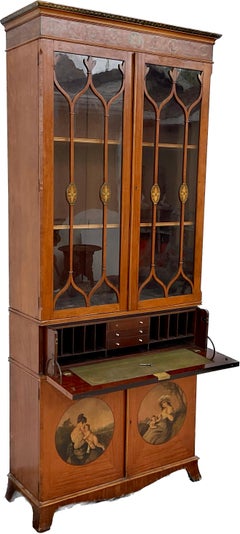English Satinwood Painted Bureau Bookcase