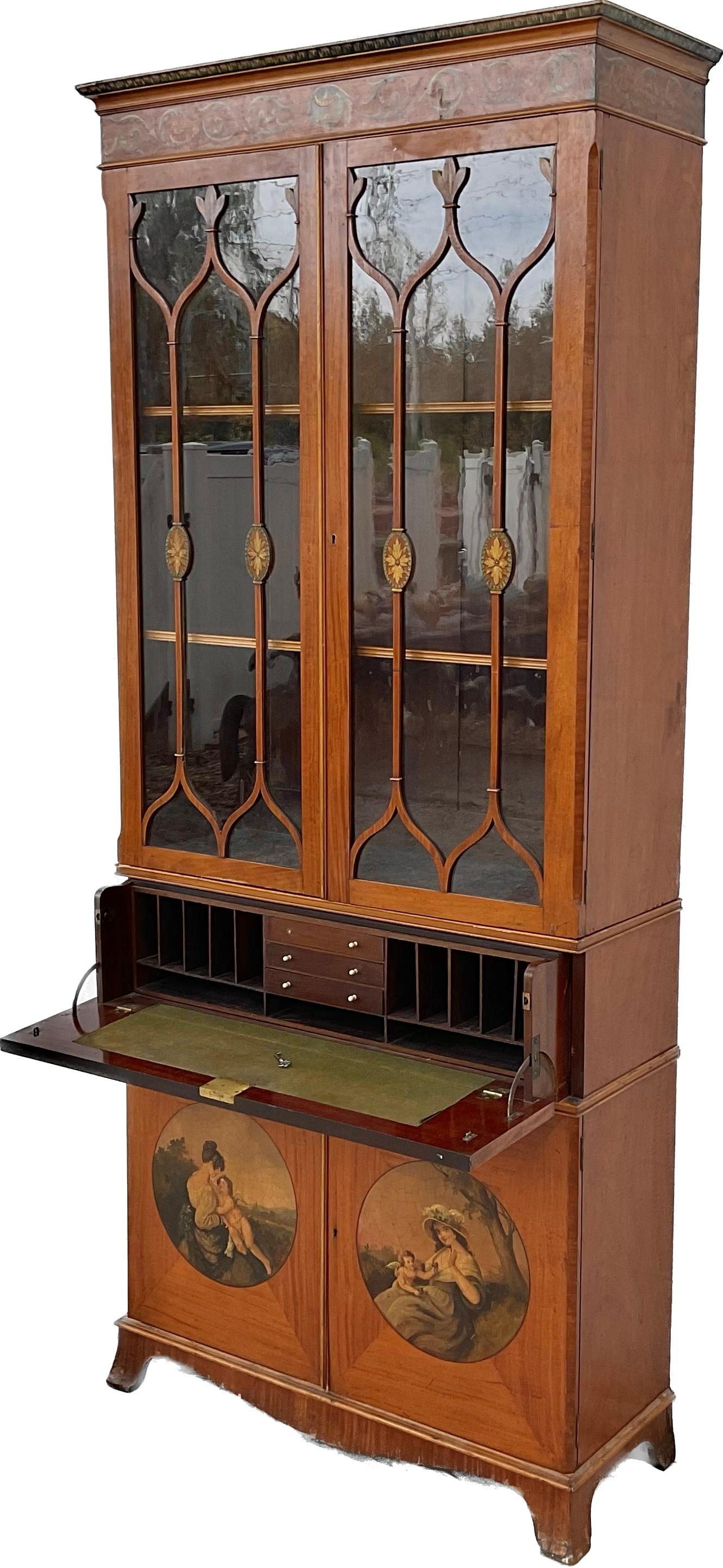 Sheraton English Satinwood Painted Bureau Bookcase For Sale