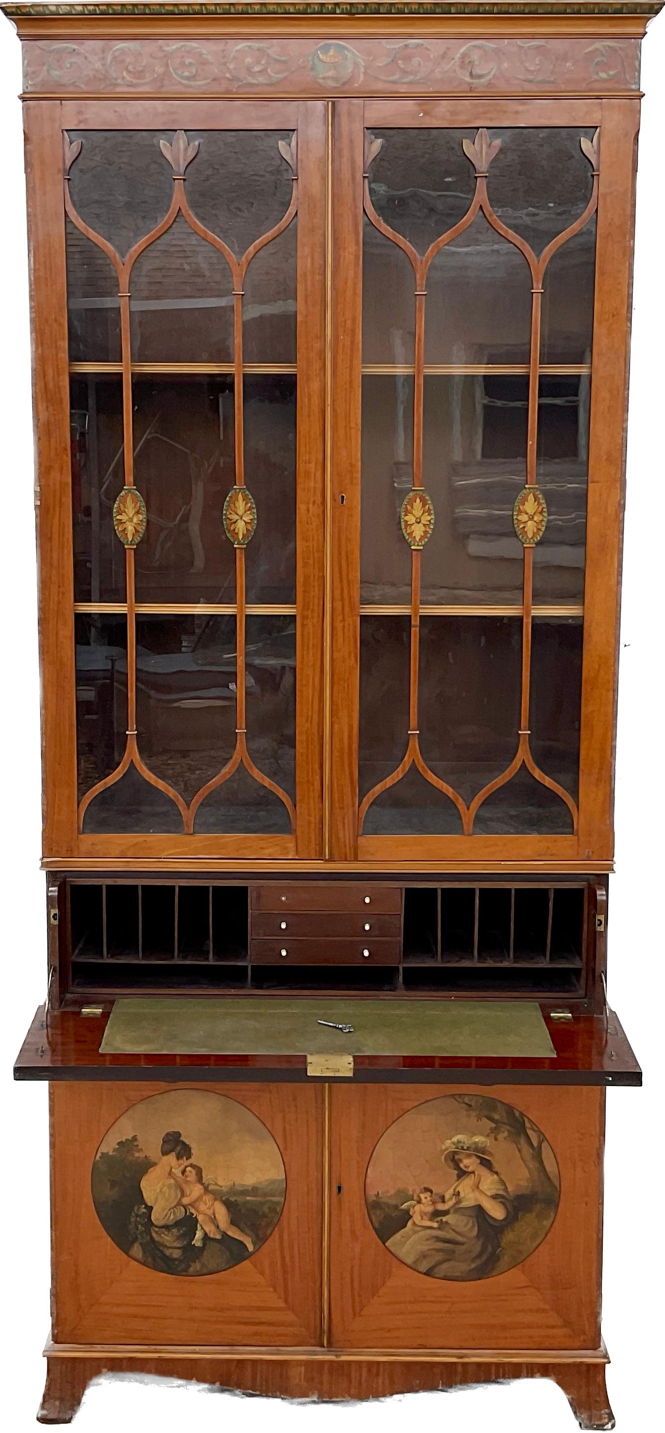 English Satinwood Painted Bureau Bookcase In Good Condition For Sale In Bradenton, FL