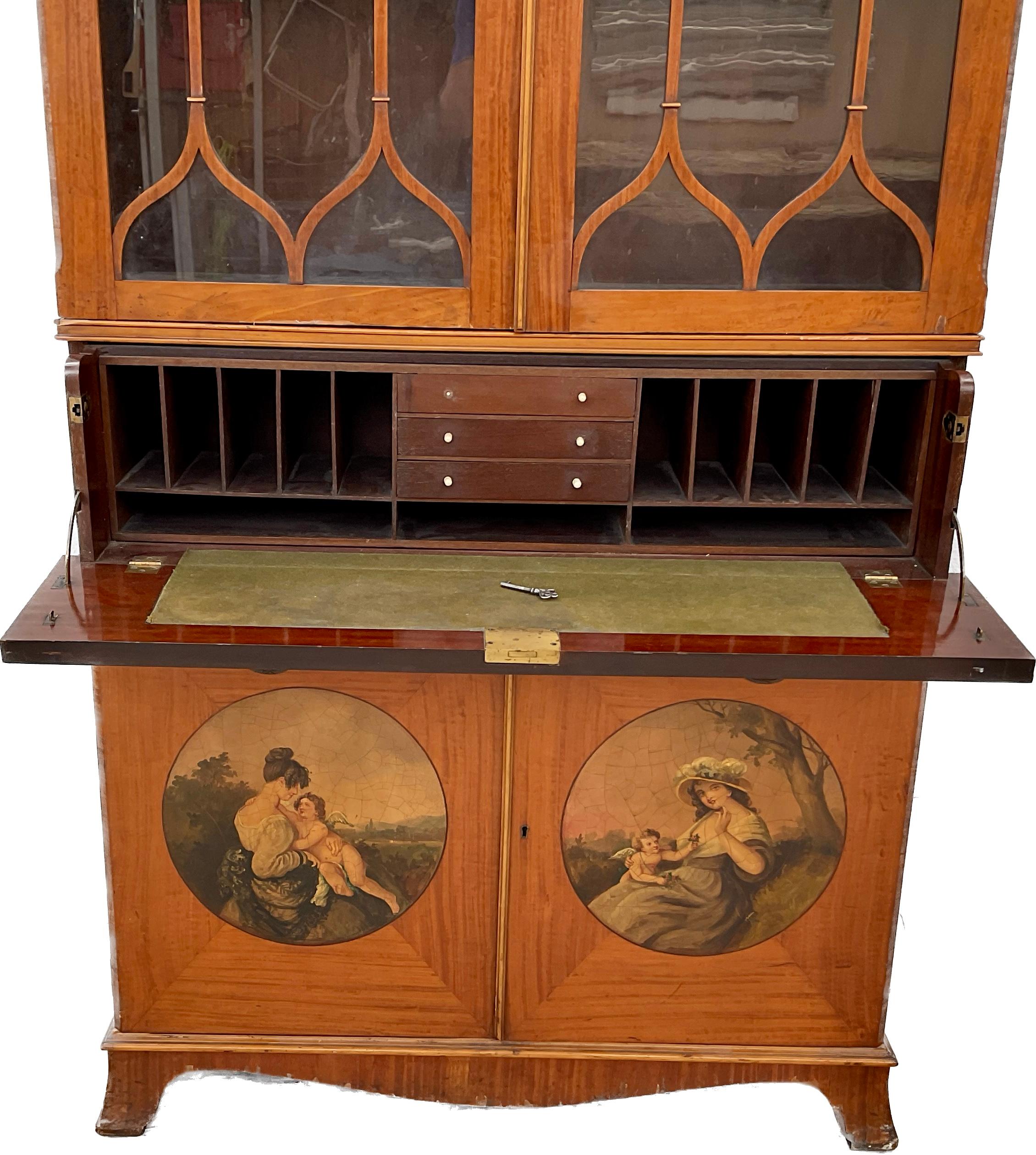 19th Century English Satinwood Painted Bureau Bookcase For Sale
