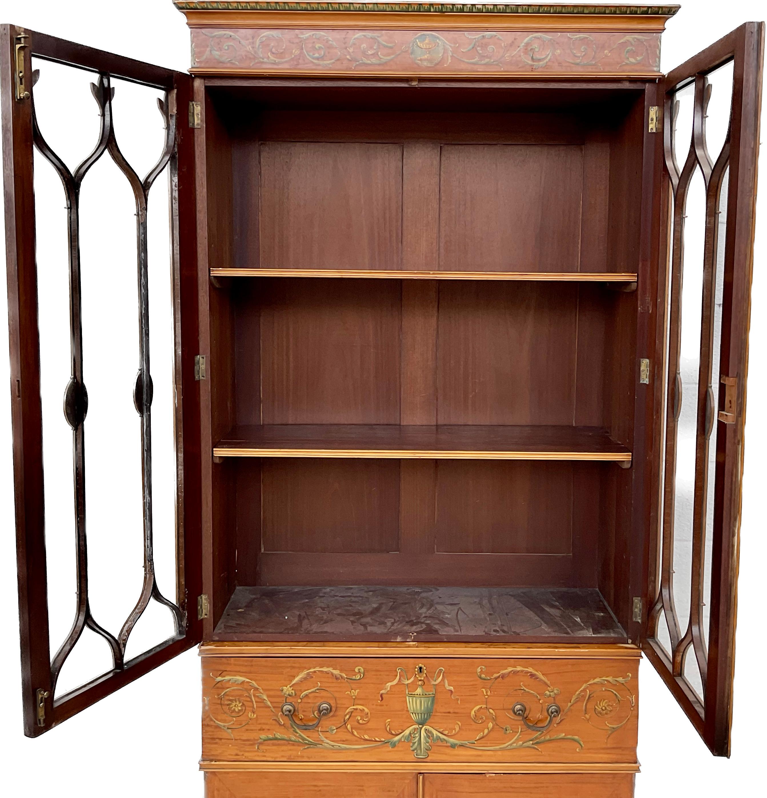 English Satinwood Painted Bureau Bookcase For Sale 1