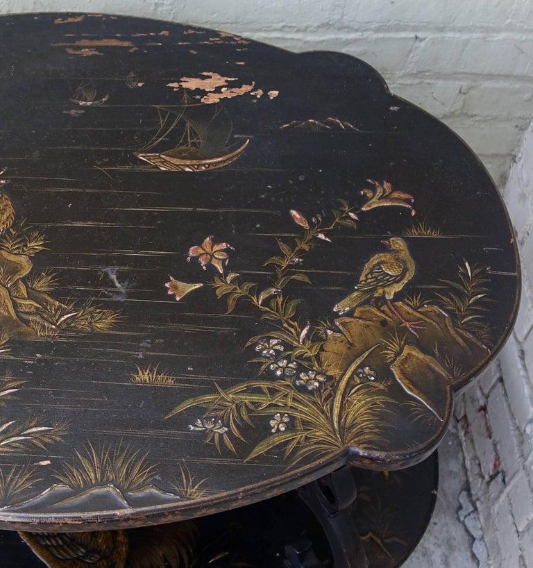 Carved English Scalloped Black and Gold Chinoiserie Table For Sale