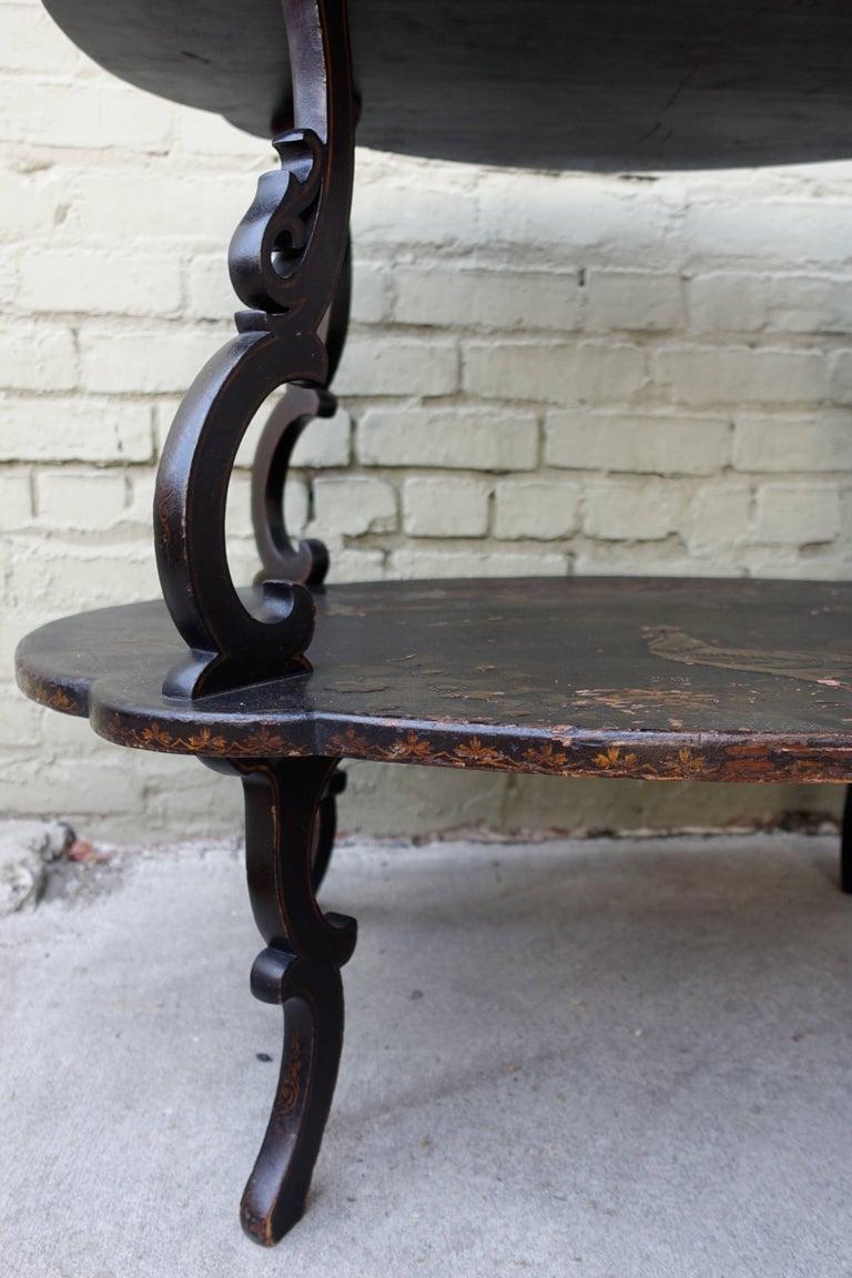 English Scalloped Black and Gold Chinoiserie Table In Distressed Condition For Sale In Los Angeles, CA