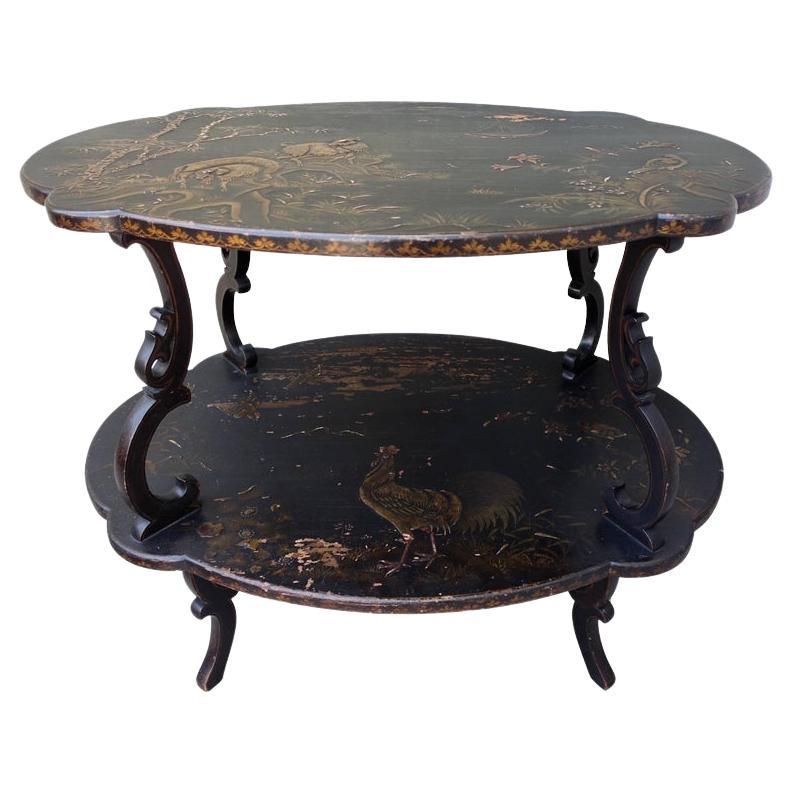 English Scalloped Black and Gold Chinoiserie Table For Sale
