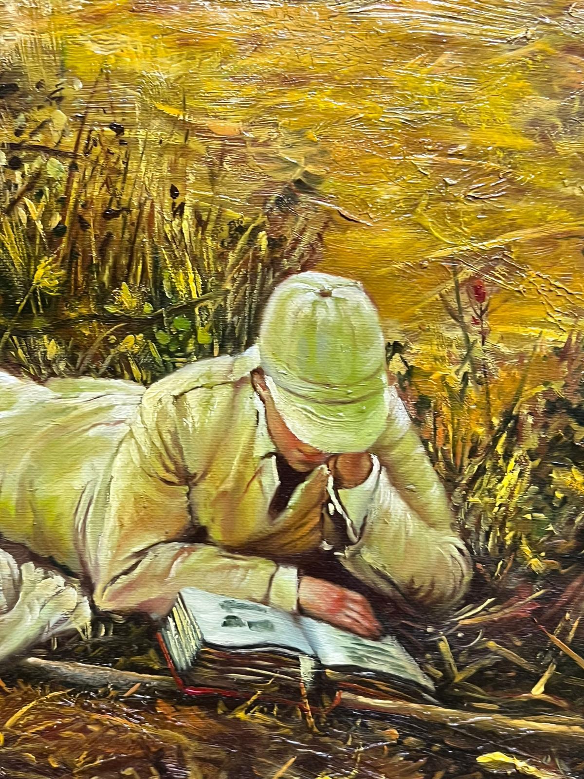 Fine Romantic Signed Oil Painting Man Reading in Wheatfield For Sale 2