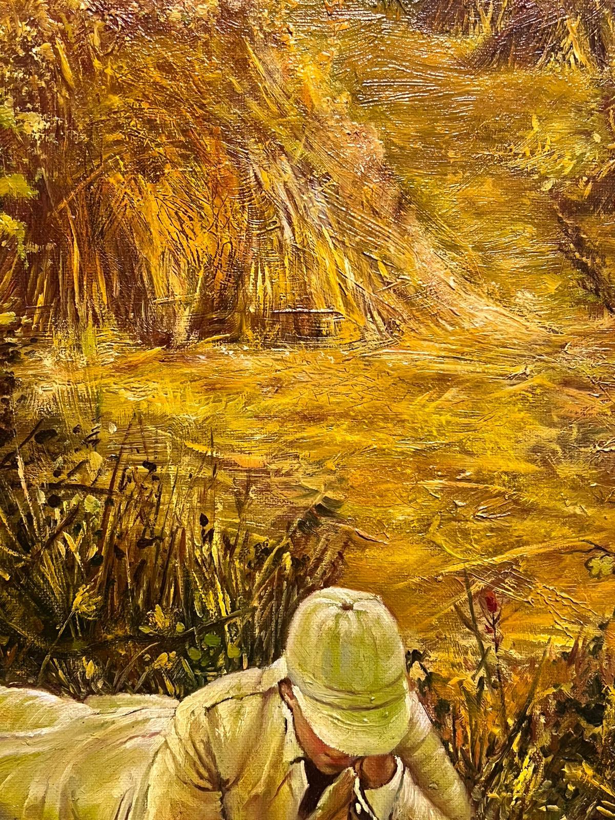Fine Romantic Signed Oil Painting Man Reading in Wheatfield For Sale 3