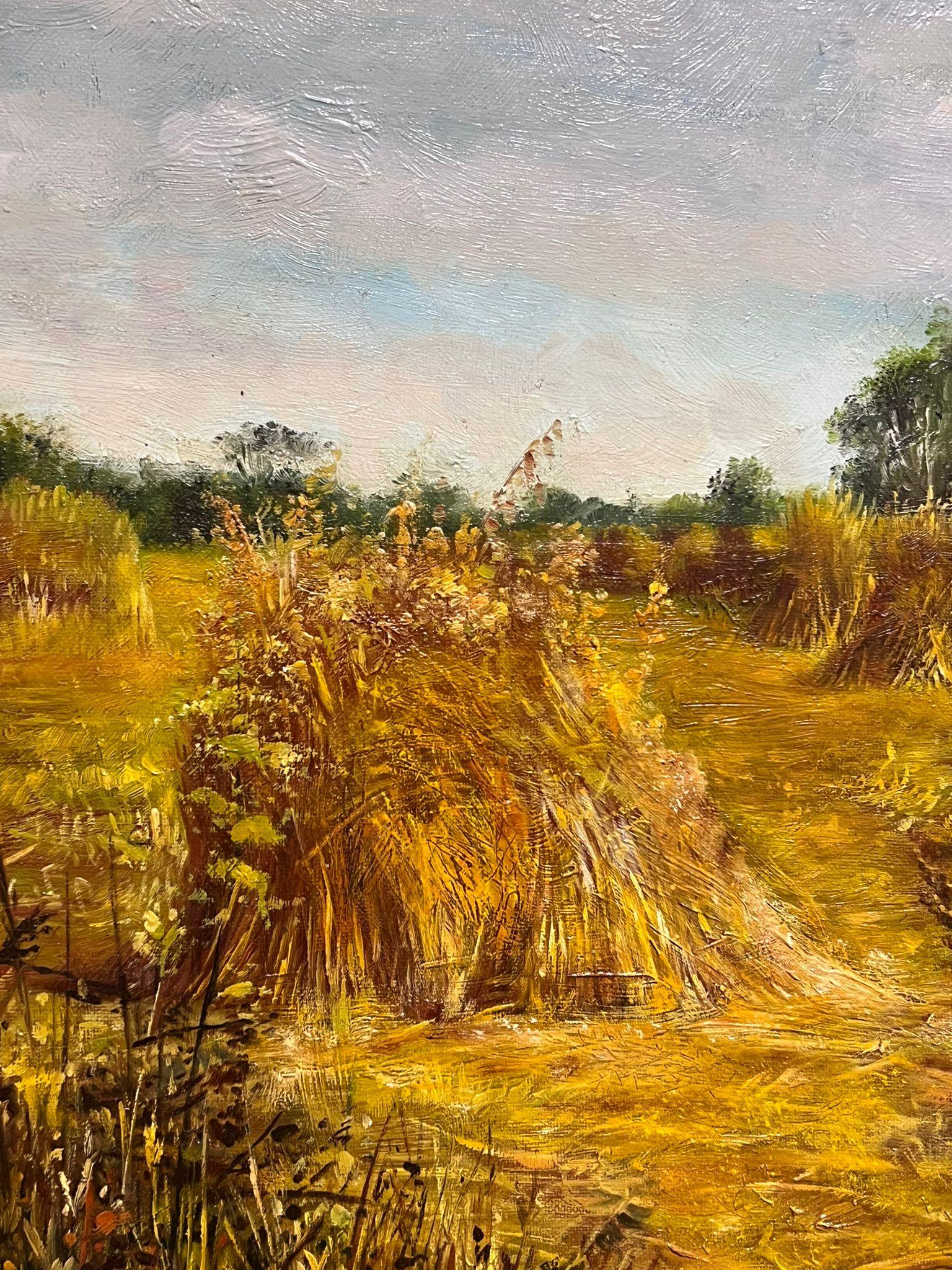 Raffinato dipinto ad olio romantico firmato Uomo che legge a Wheatfield 5