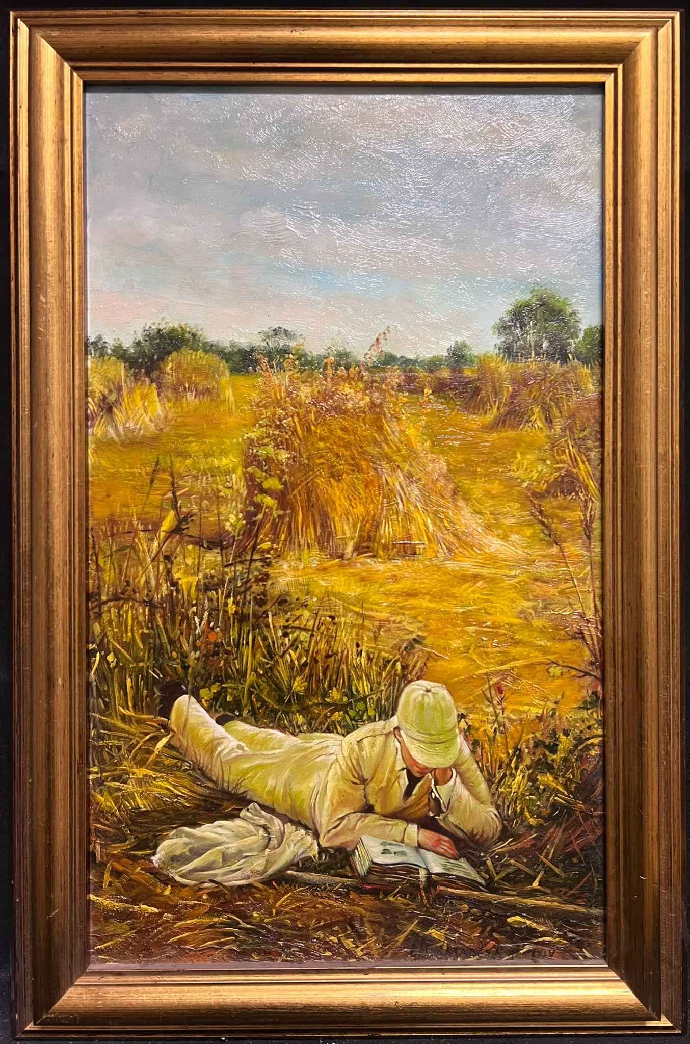 English school Figurative Painting - Fine Romantic Signed Oil Painting Man Reading in Wheatfield