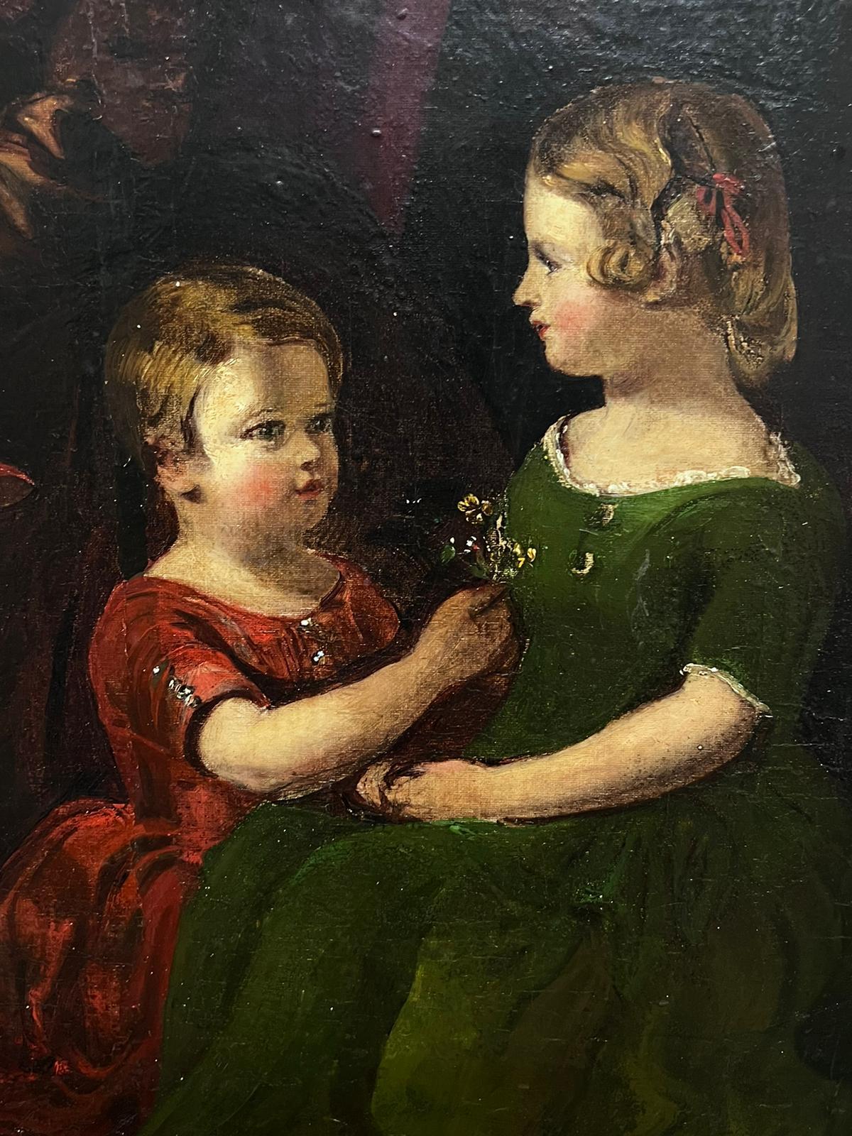 Grande ritratto di gruppo vittoriano di 8 membri della famiglia in una stanza, pittura a olio 1