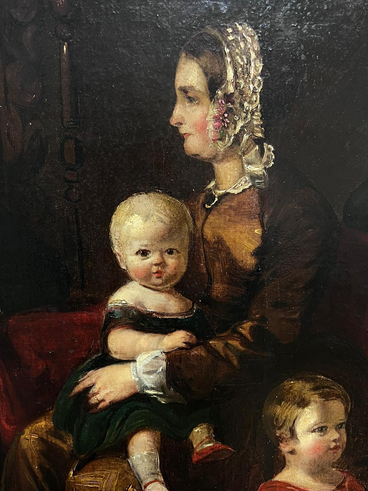 Grande ritratto di gruppo vittoriano di 8 membri della famiglia in una stanza, pittura a olio 2