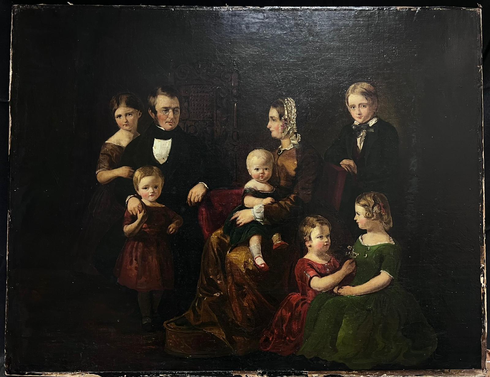 Grande ritratto di gruppo vittoriano di 8 membri della famiglia in una stanza, pittura a olio 5