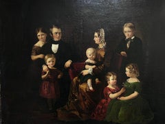 Grand portrait de groupe familial victorien de 8 membres de la famille dans une salle, peinture à l'huile