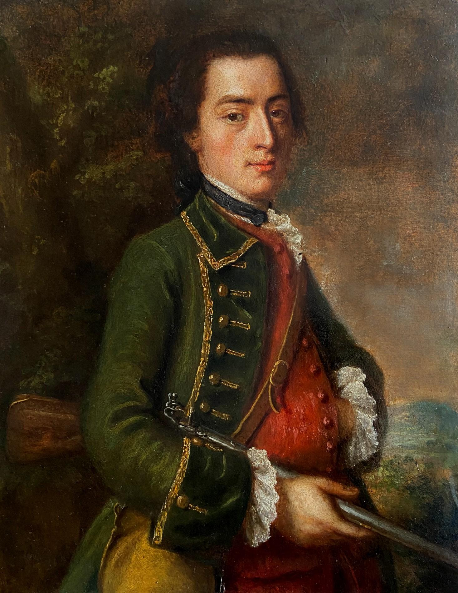 English school 18th century Figurative Painting - Portrait of a Man with a Rifle