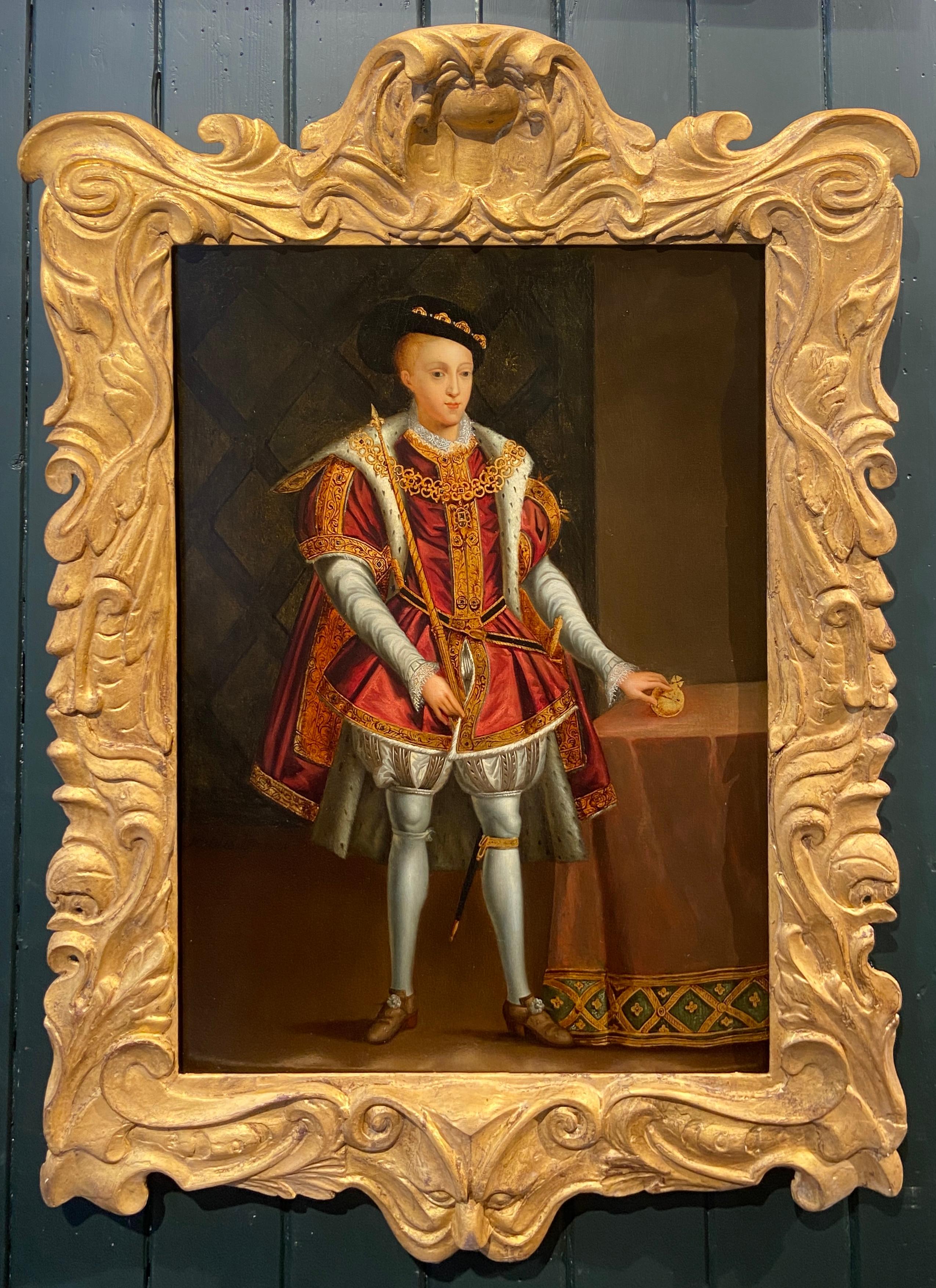 Portrait Painting English school 18th century - Portrait du roi Édouard VI, huile sur panneau avec feuille d'or, 18e siècle anglais