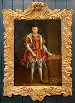 Portrait du roi Édouard VI, huile sur panneau avec feuille d'or, 18e siècle anglais