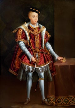 Antique Portrait of King Edward VI, Oil on panel with Gold Leaf, 18th Century English
