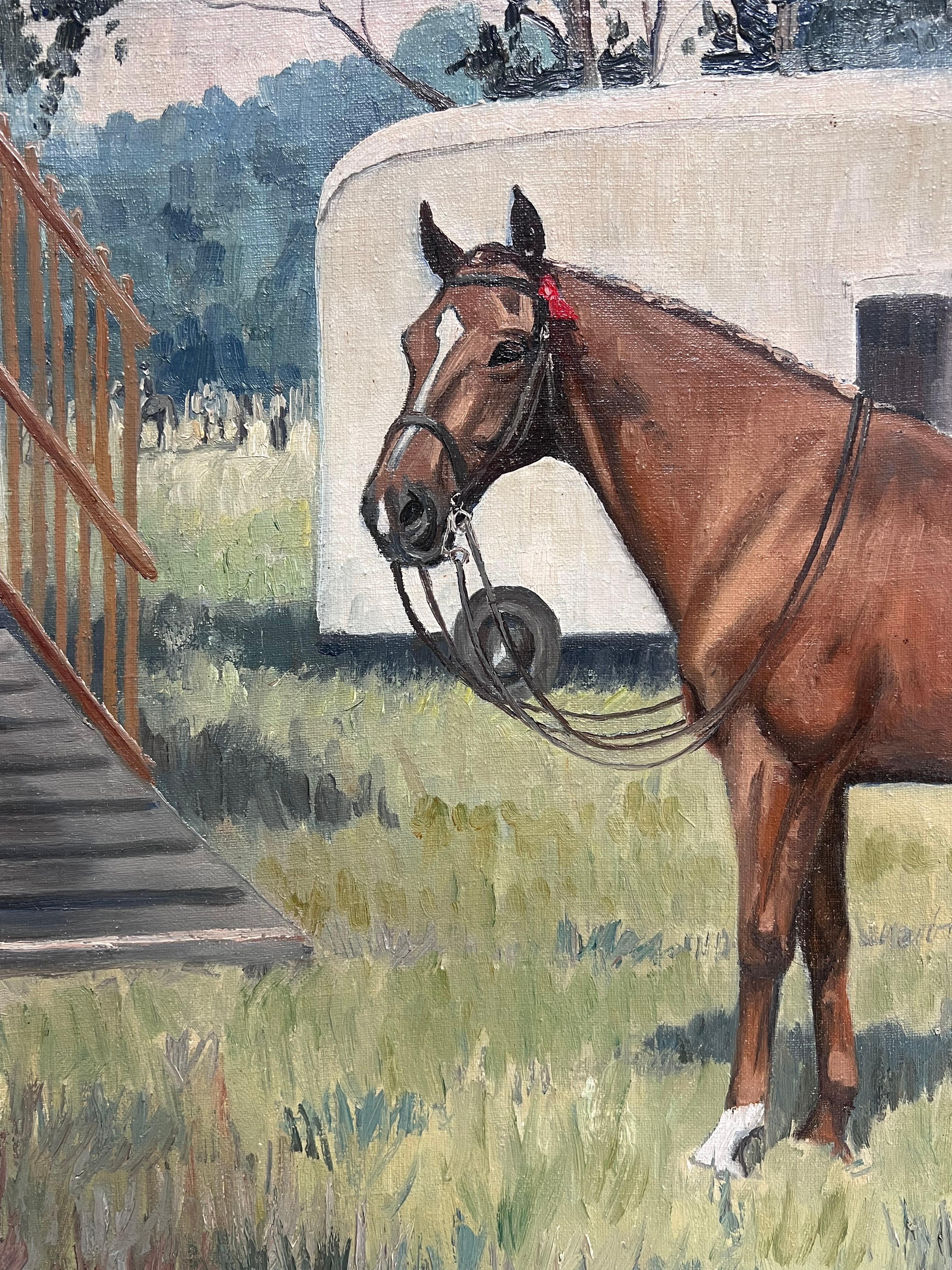 Feine englische Sportkunst Ölgemälde Rennpferd im Paddock Signiert & datiert 1966 im Angebot 5