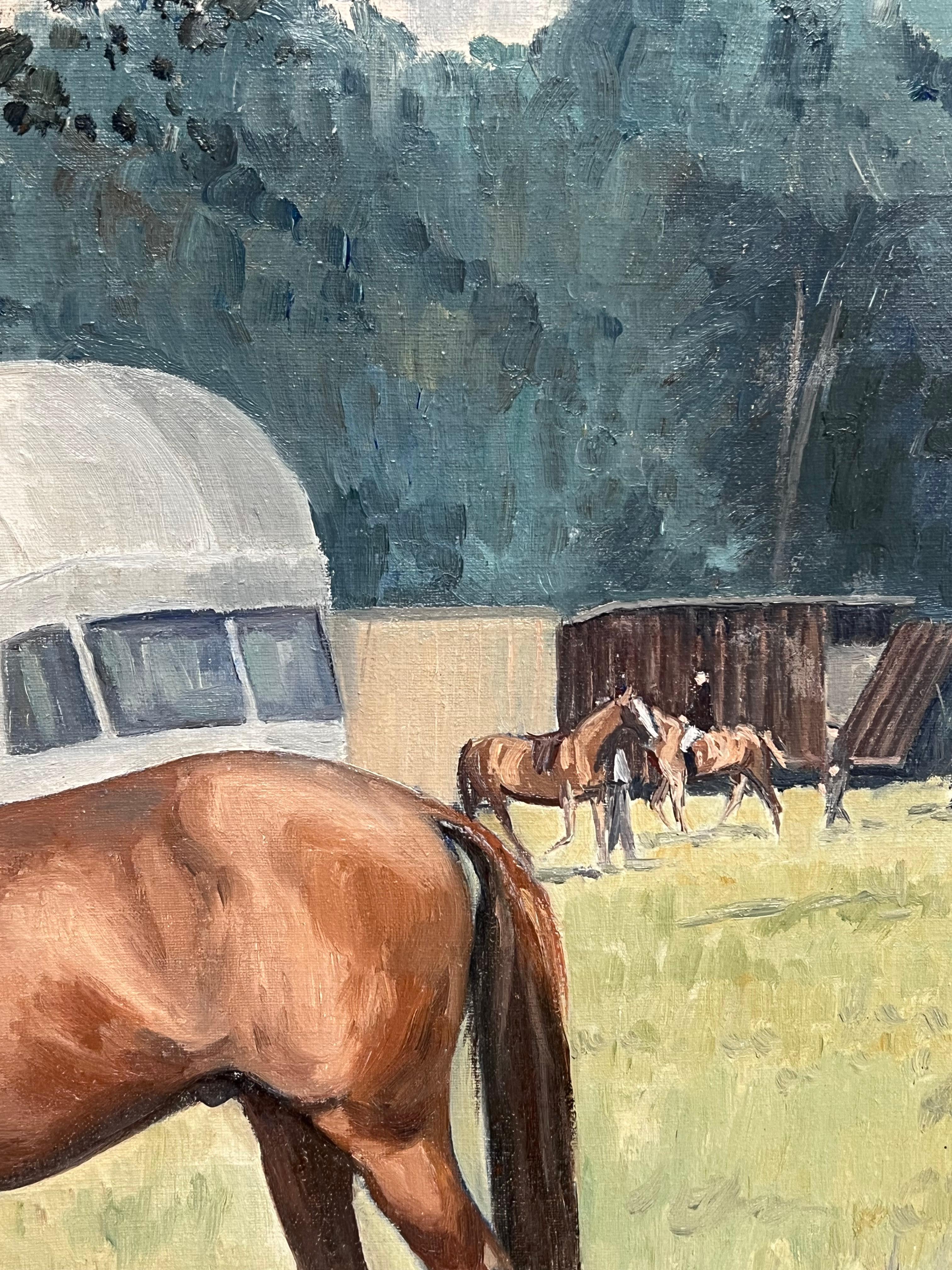 Feine englische Sportkunst Ölgemälde Rennpferd im Paddock Signiert & datiert 1966 im Angebot 9