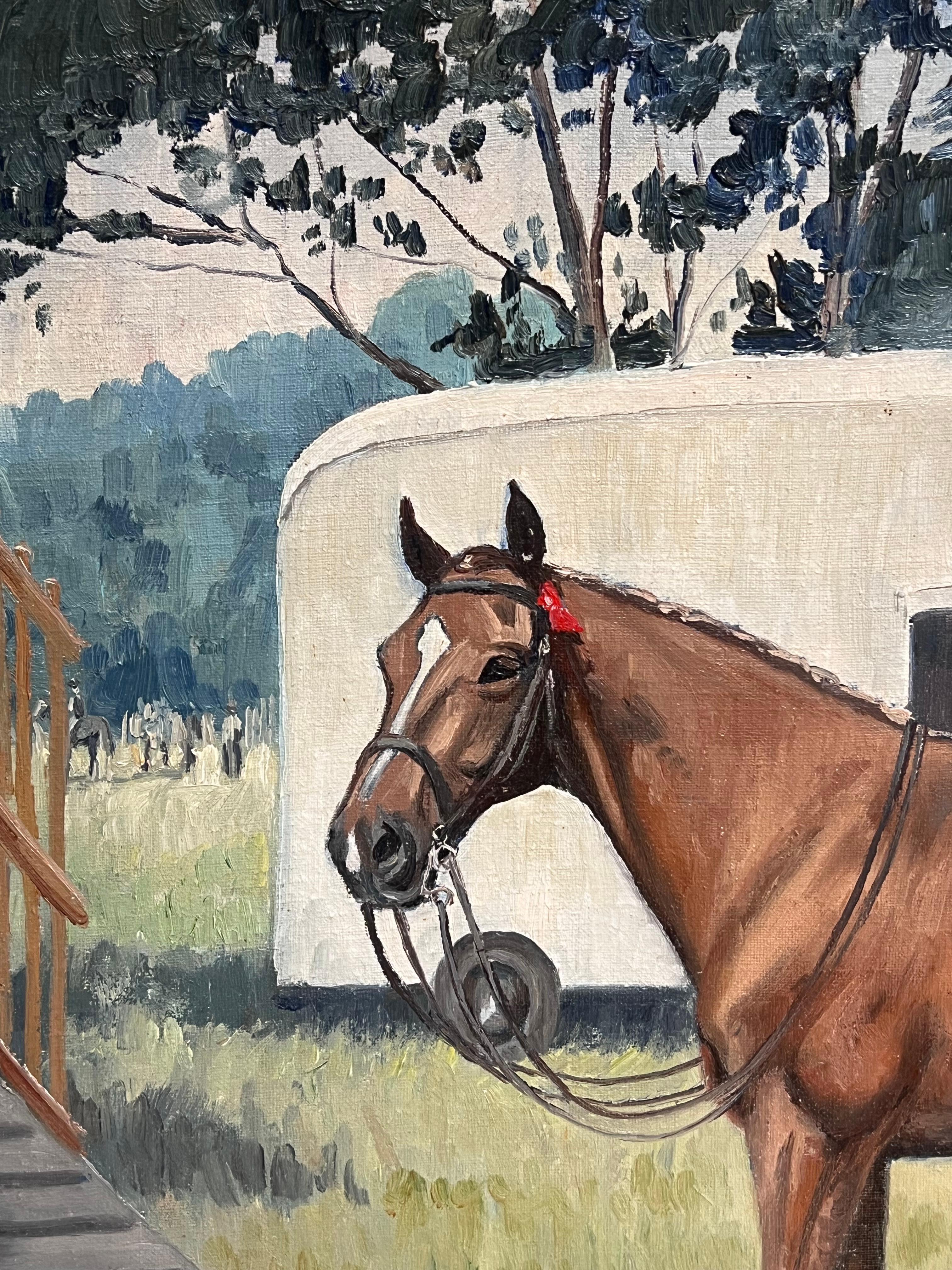 Feine englische Sportkunst Ölgemälde Rennpferd im Paddock Signiert & datiert 1966 im Angebot 10