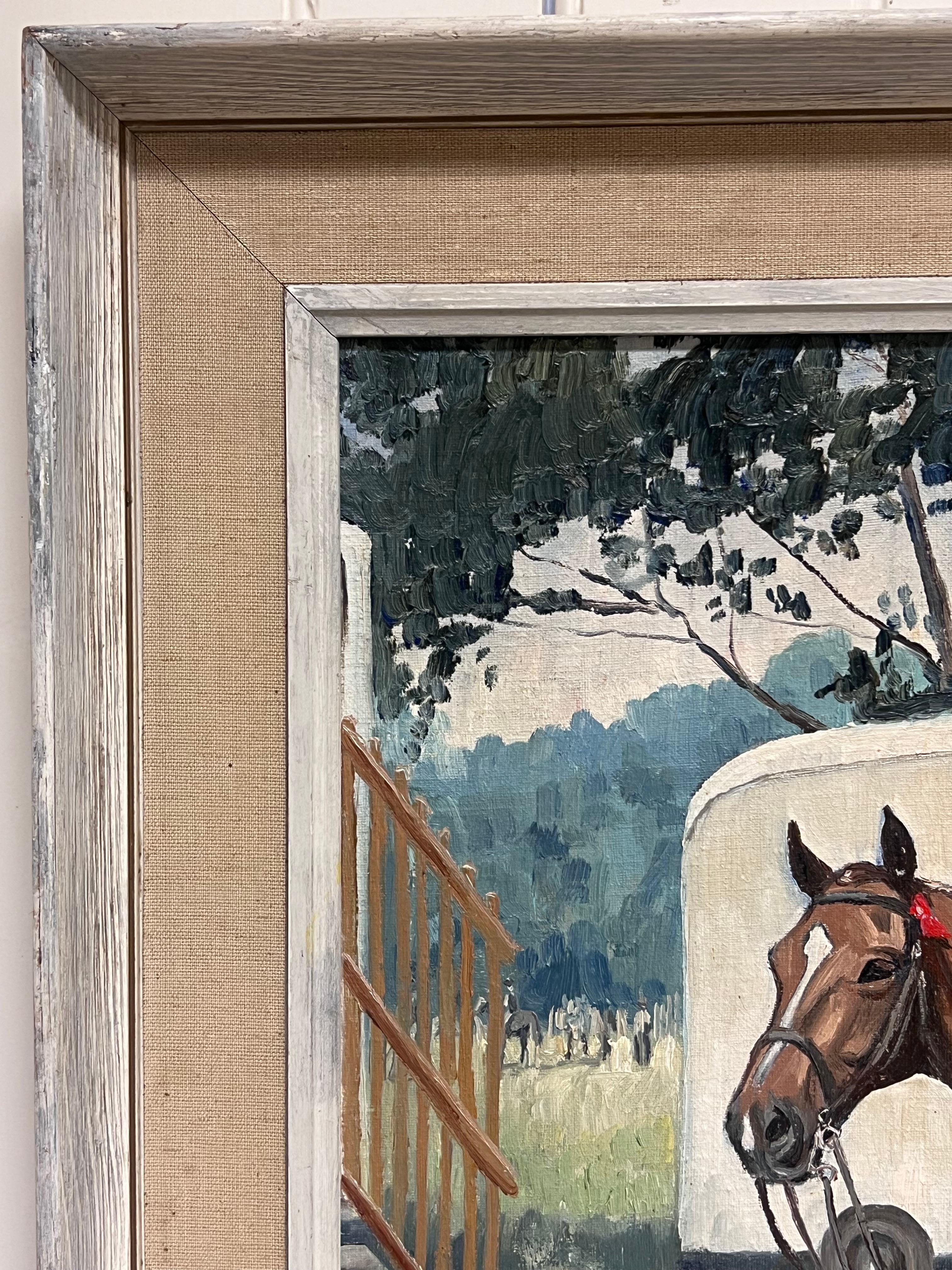 Feine englische Sportkunst Ölgemälde Rennpferd im Paddock Signiert & datiert 1966 im Angebot 11