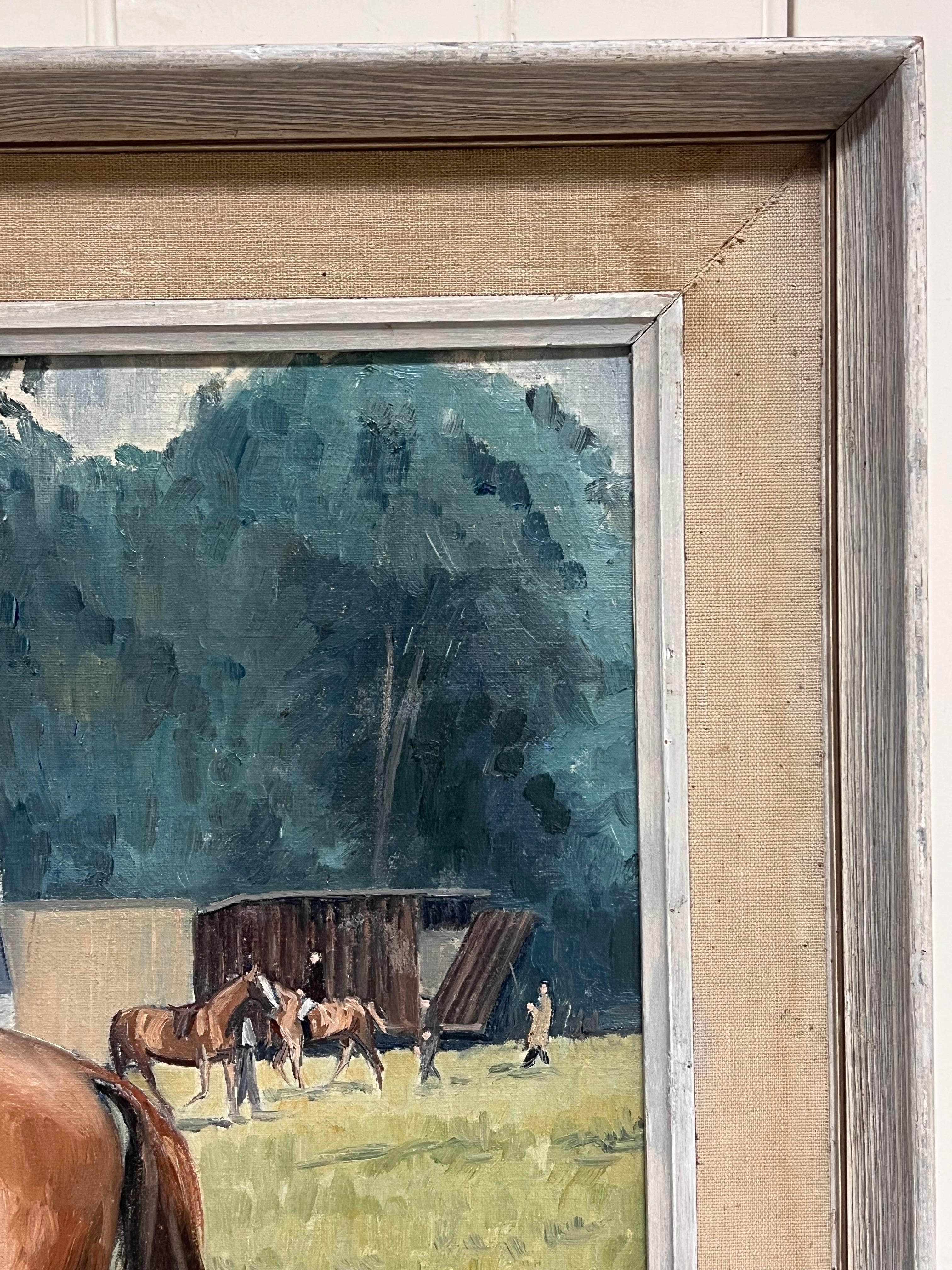Feine englische Sportkunst Ölgemälde Rennpferd im Paddock Signiert & datiert 1966 im Angebot 12