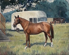 Fine English Sporting Art Oil Painting Racehorse in Paddock Signed & Dated 1966