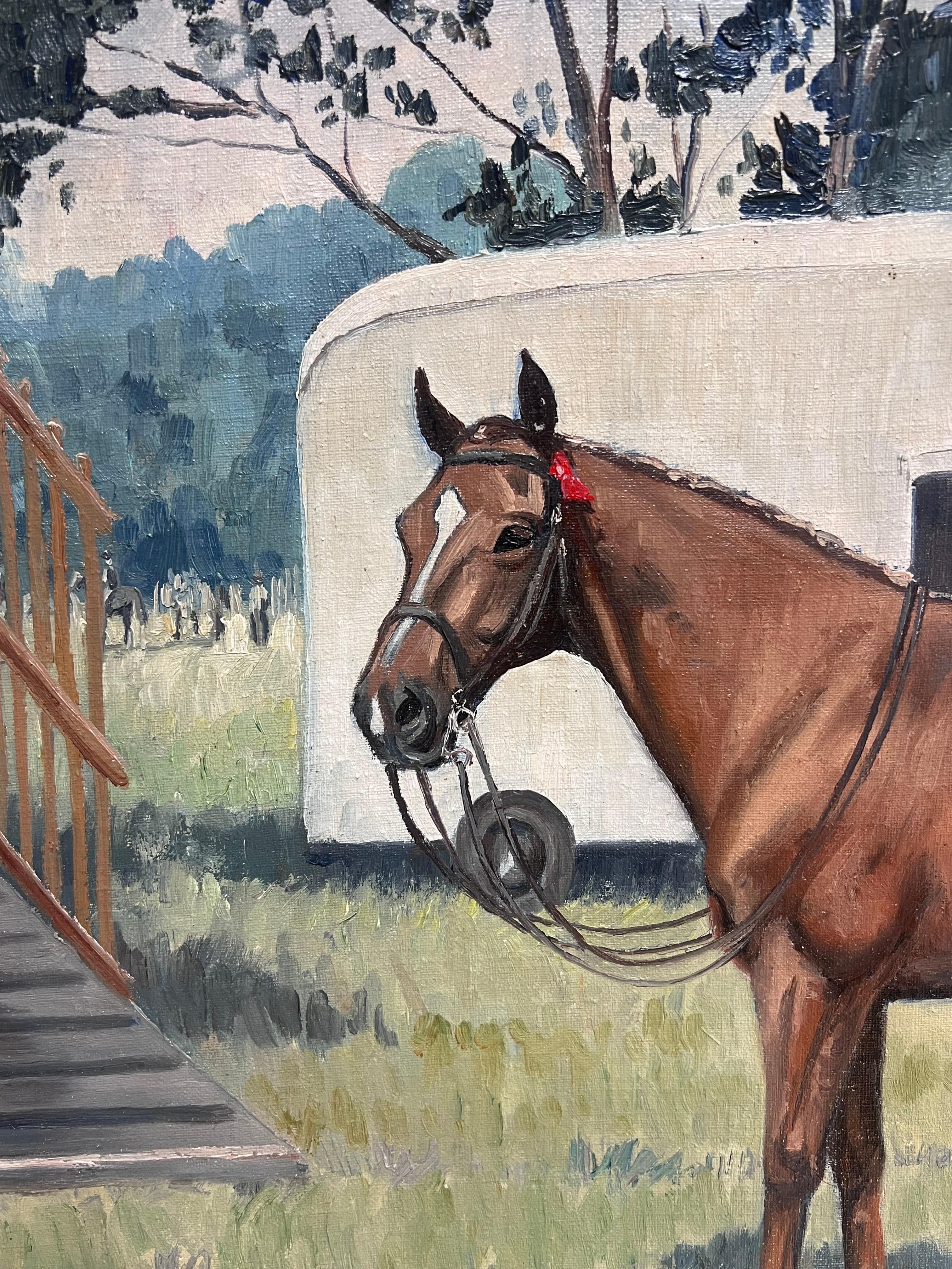 Feine englische Sportkunst Ölgemälde Rennpferd im Paddock Signiert & datiert 1966 im Angebot 1