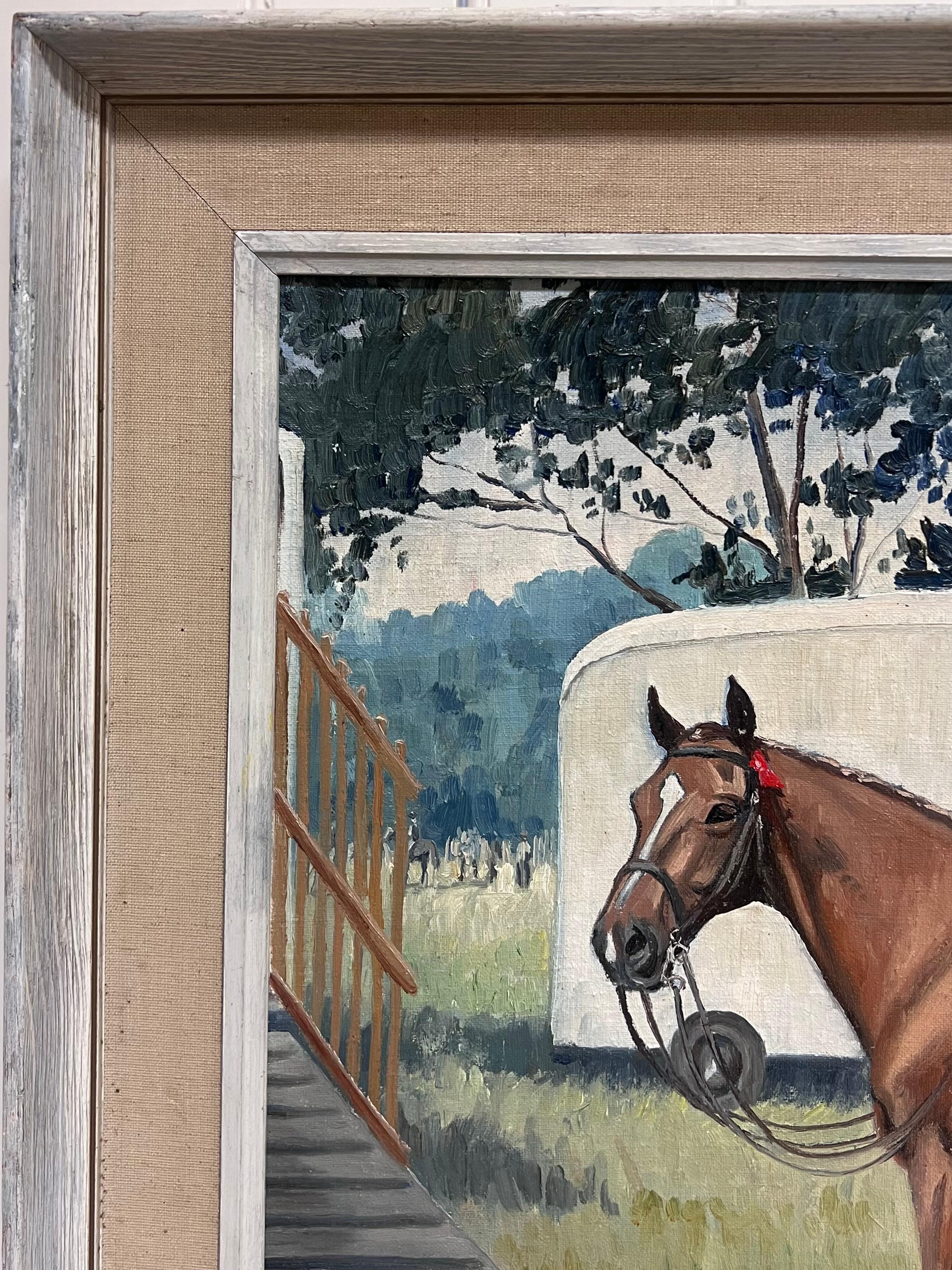 Feine englische Sportkunst Ölgemälde Rennpferd im Paddock Signiert & datiert 1966 im Angebot 3