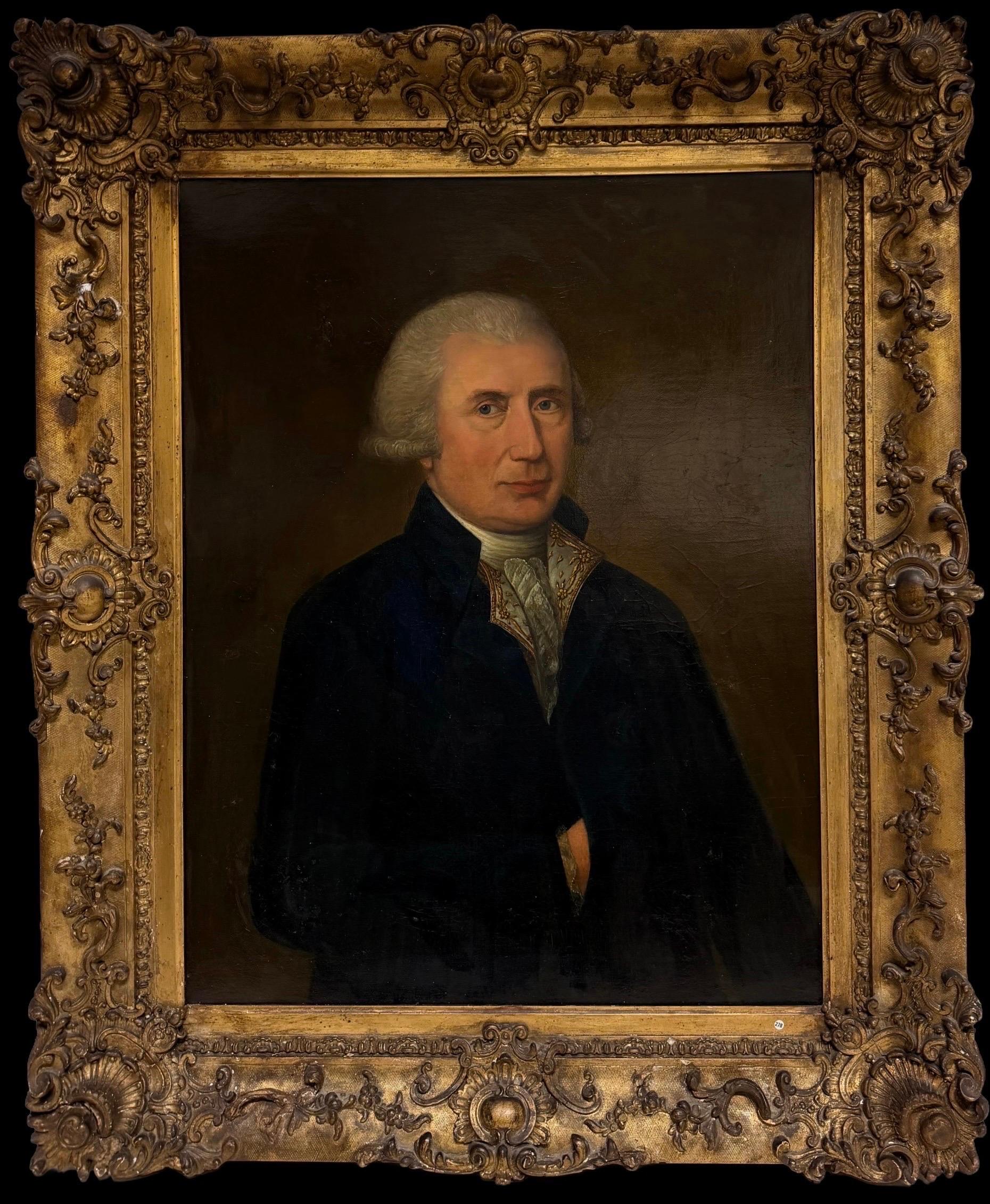 English school Portrait Painting - Portrait of a Gentleman in Blue Frock Coat 18th.C English School Oil Painting