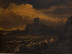 1800's English Oil Painting Stormy Night Time Seas Ancient Castle Rocky Coast