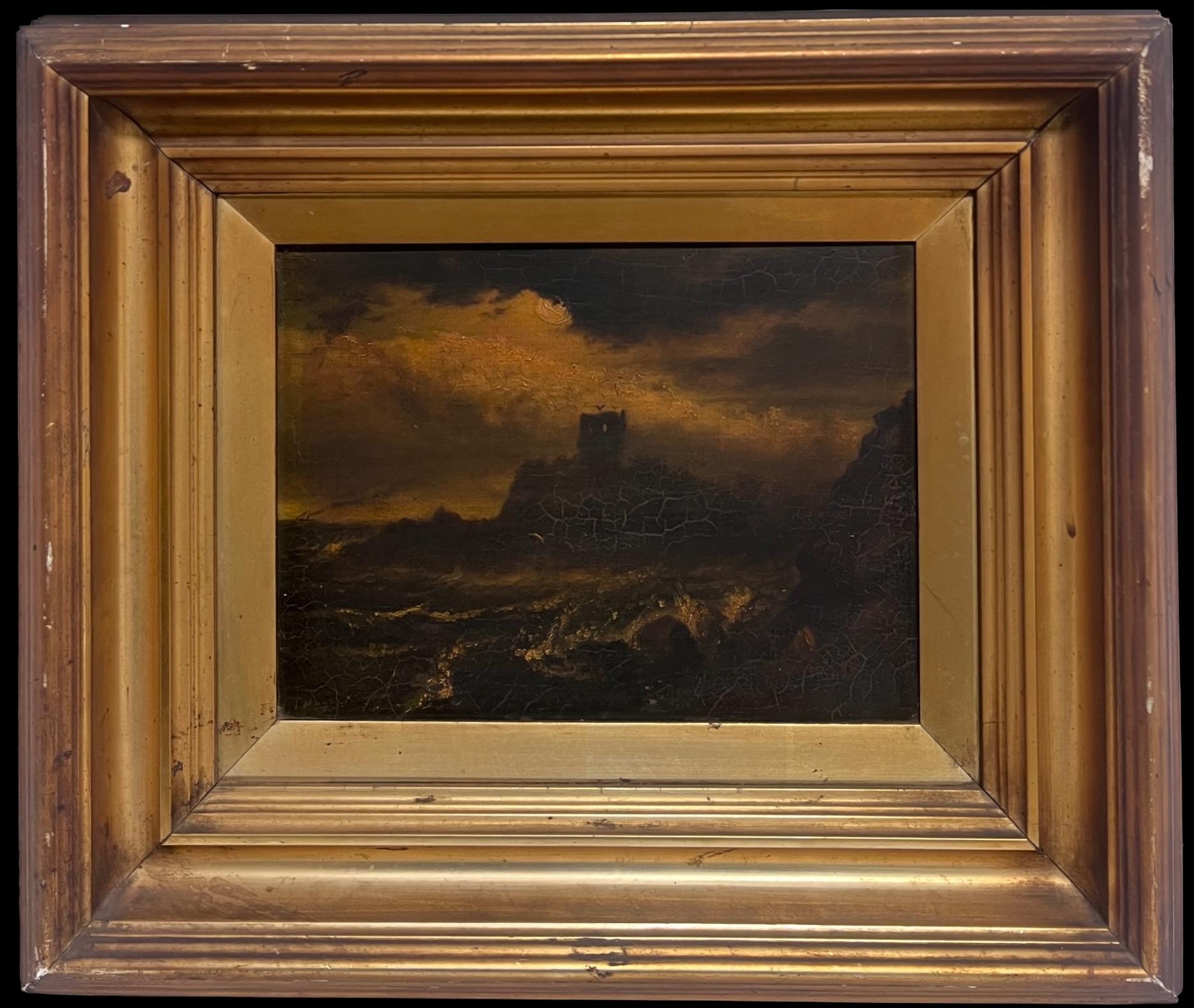 1800's English Oil Painting Stormy Night Time Seas Ancient Castle Rocky Coast