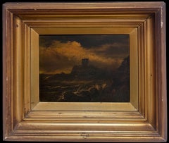 Antique 1800's English Oil Painting Stormy Night Time Seas Ancient Castle Rocky Coast