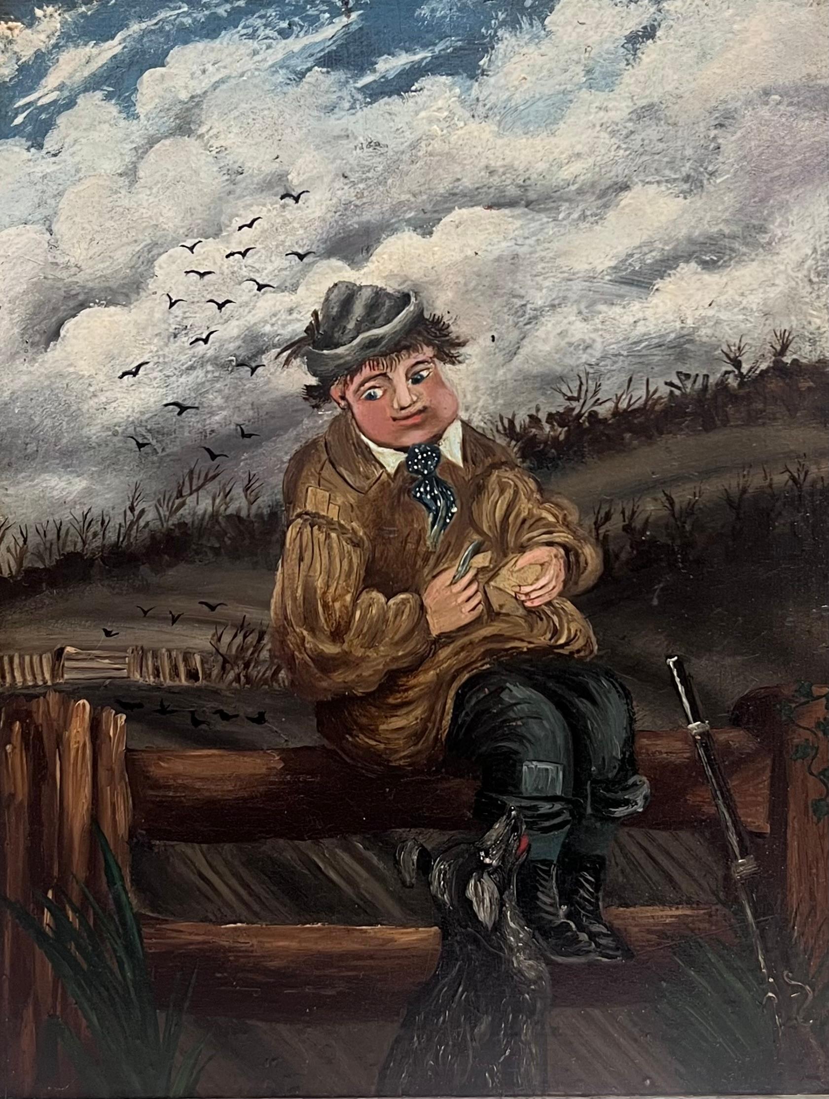 Art populaire naïf anglais du 19e siècle Portrait d'un garçon de ferme et d'un chien en train de pique-niquer - Painting de English School (19th century)