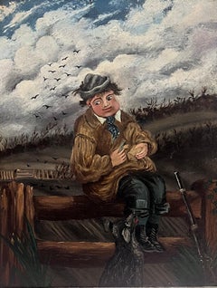 19th Century English Naive Folk Art Portrait Farm Boy & Dog Having Picnic Lunch