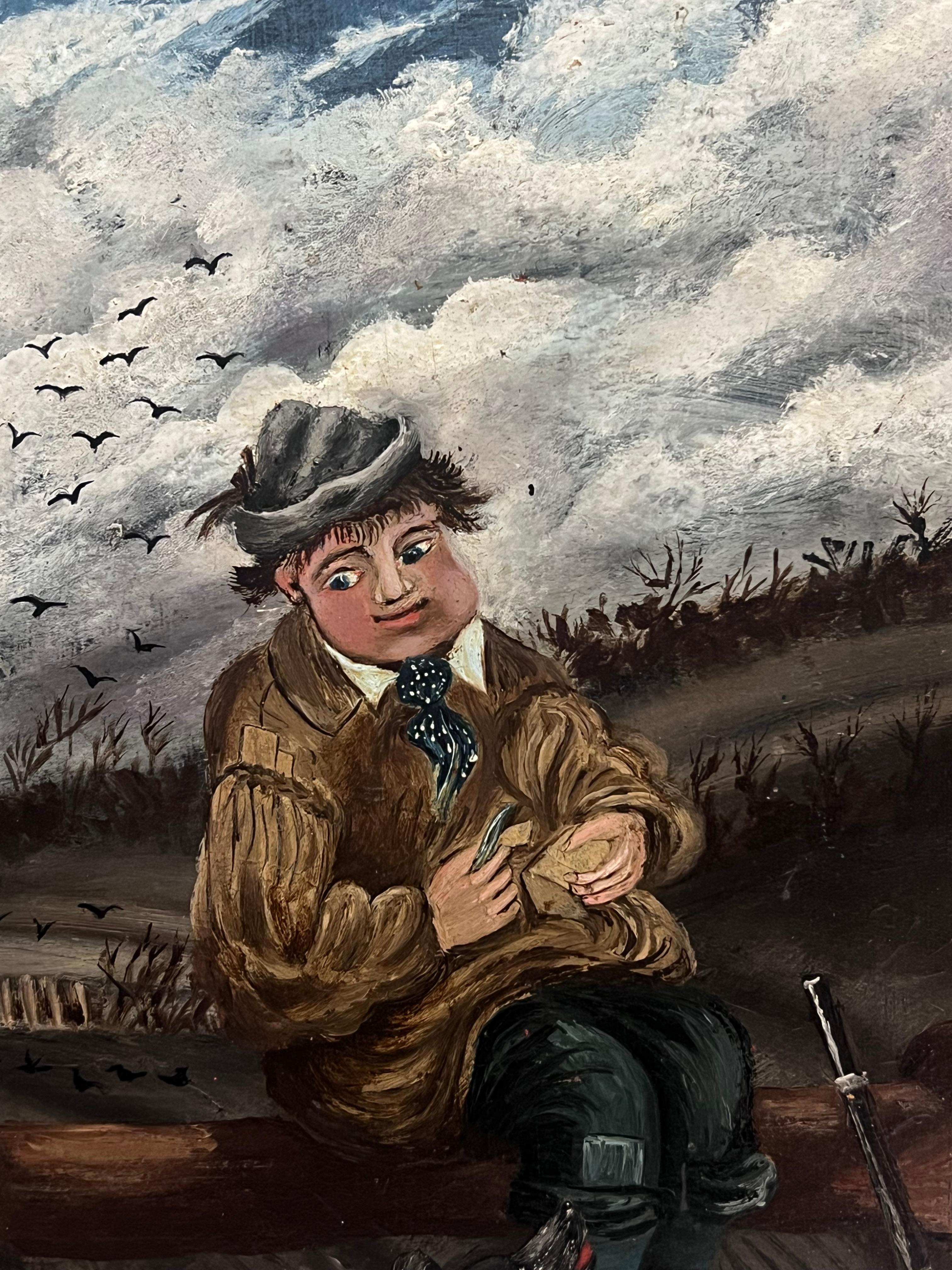 Art populaire naïf anglais du 19e siècle Portrait d'un garçon de ferme et d'un chien en train de pique-niquer - Victorien Painting par English School (19th century)