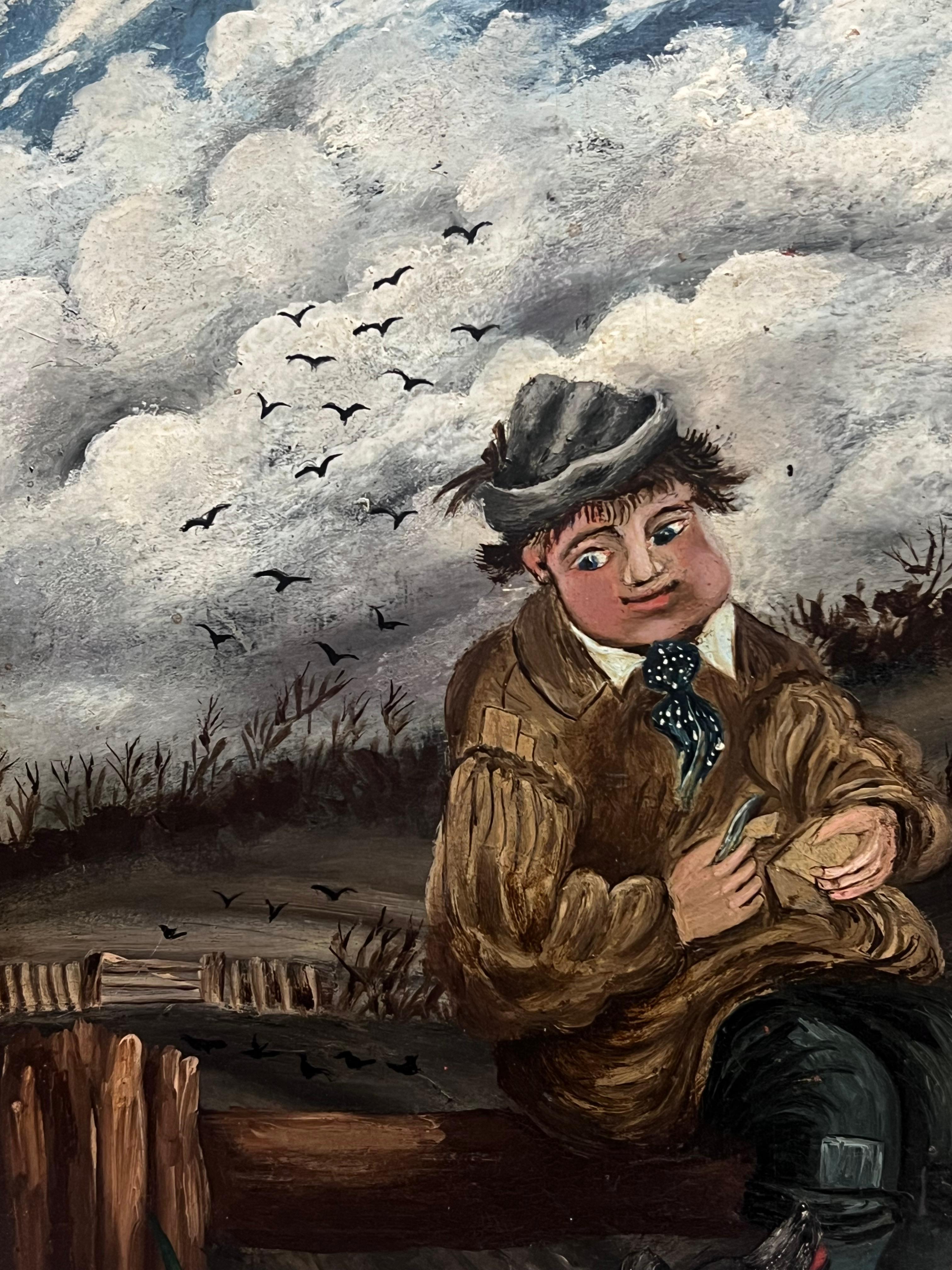 Art populaire naïf anglais du 19e siècle Portrait d'un garçon de ferme et d'un chien en train de pique-niquer - Marron Figurative Painting par English School (19th century)