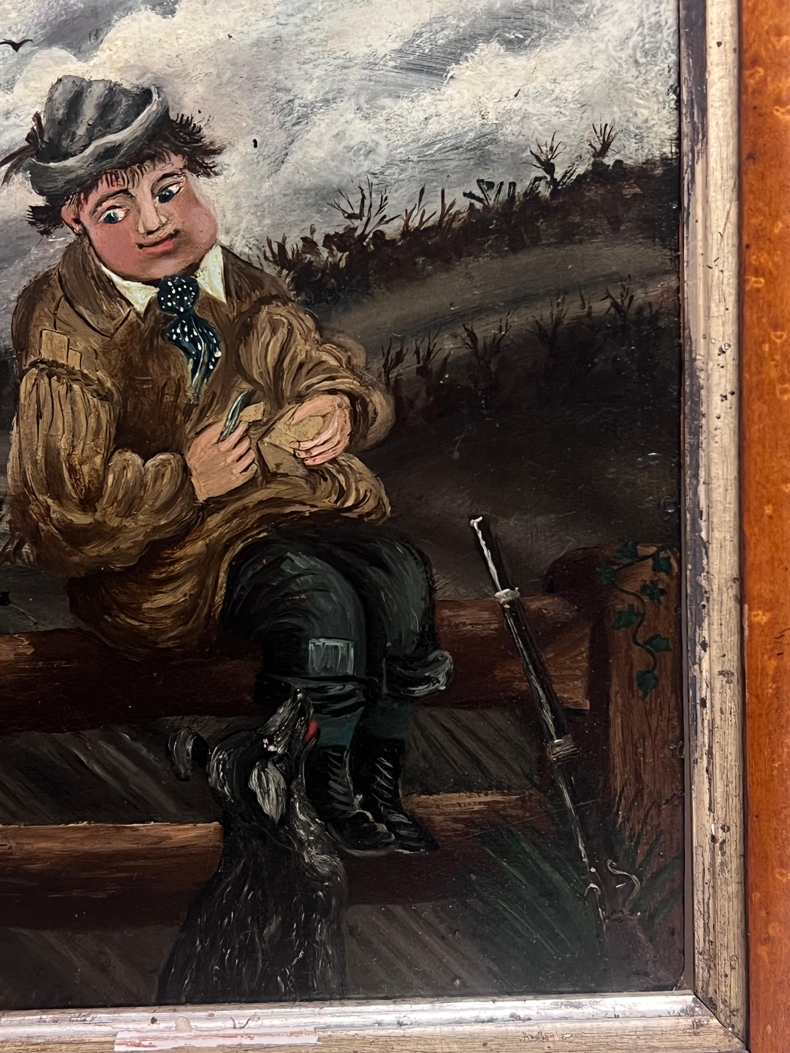 Art populaire naïf anglais du 19e siècle Portrait d'un garçon de ferme et d'un chien en train de pique-niquer en vente 1