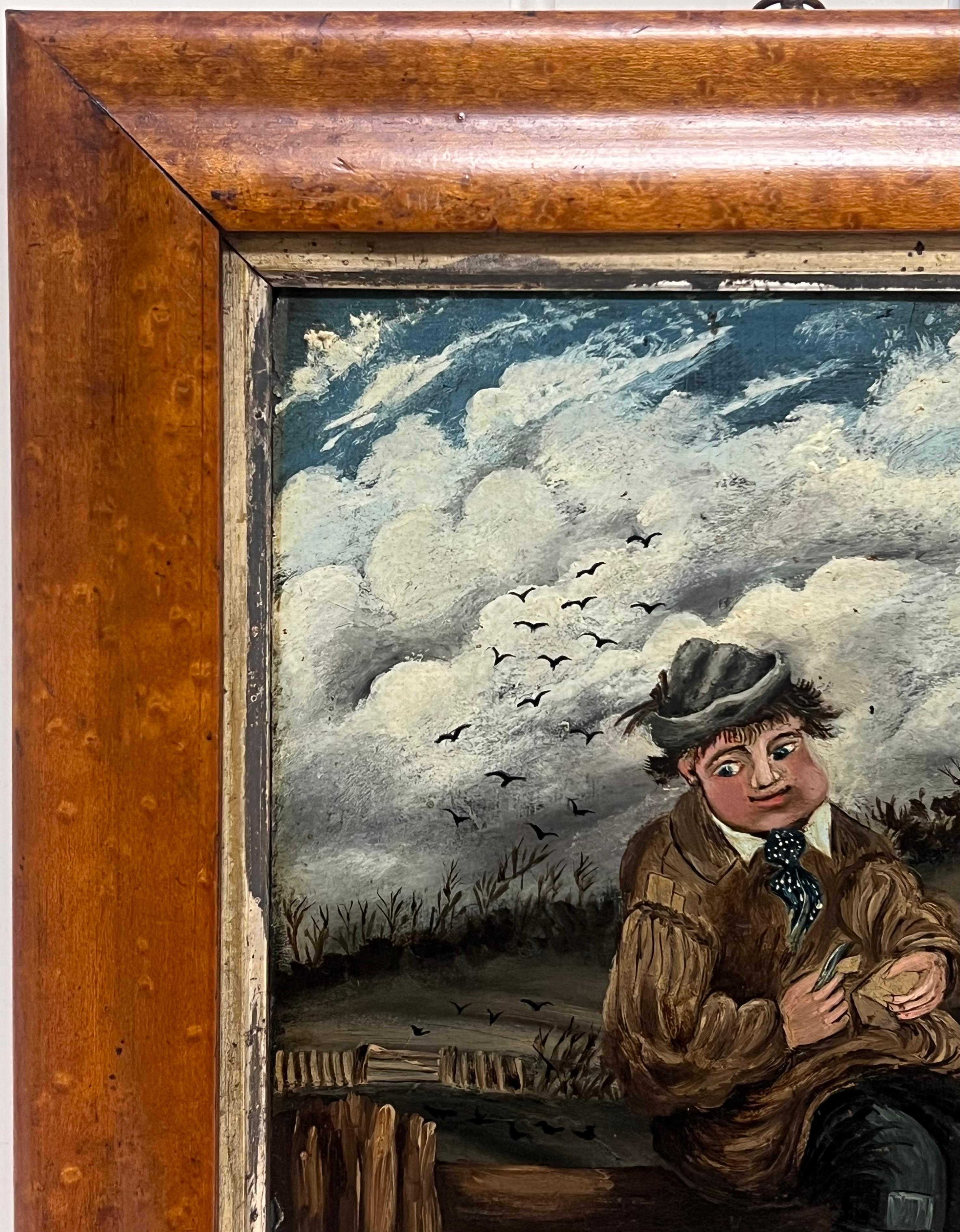 Art populaire naïf anglais du 19e siècle Portrait d'un garçon de ferme et d'un chien en train de pique-niquer en vente 2