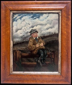 19th Century English Naive Folk Art Portrait Farm Boy & Dog Having Picnic Lunch