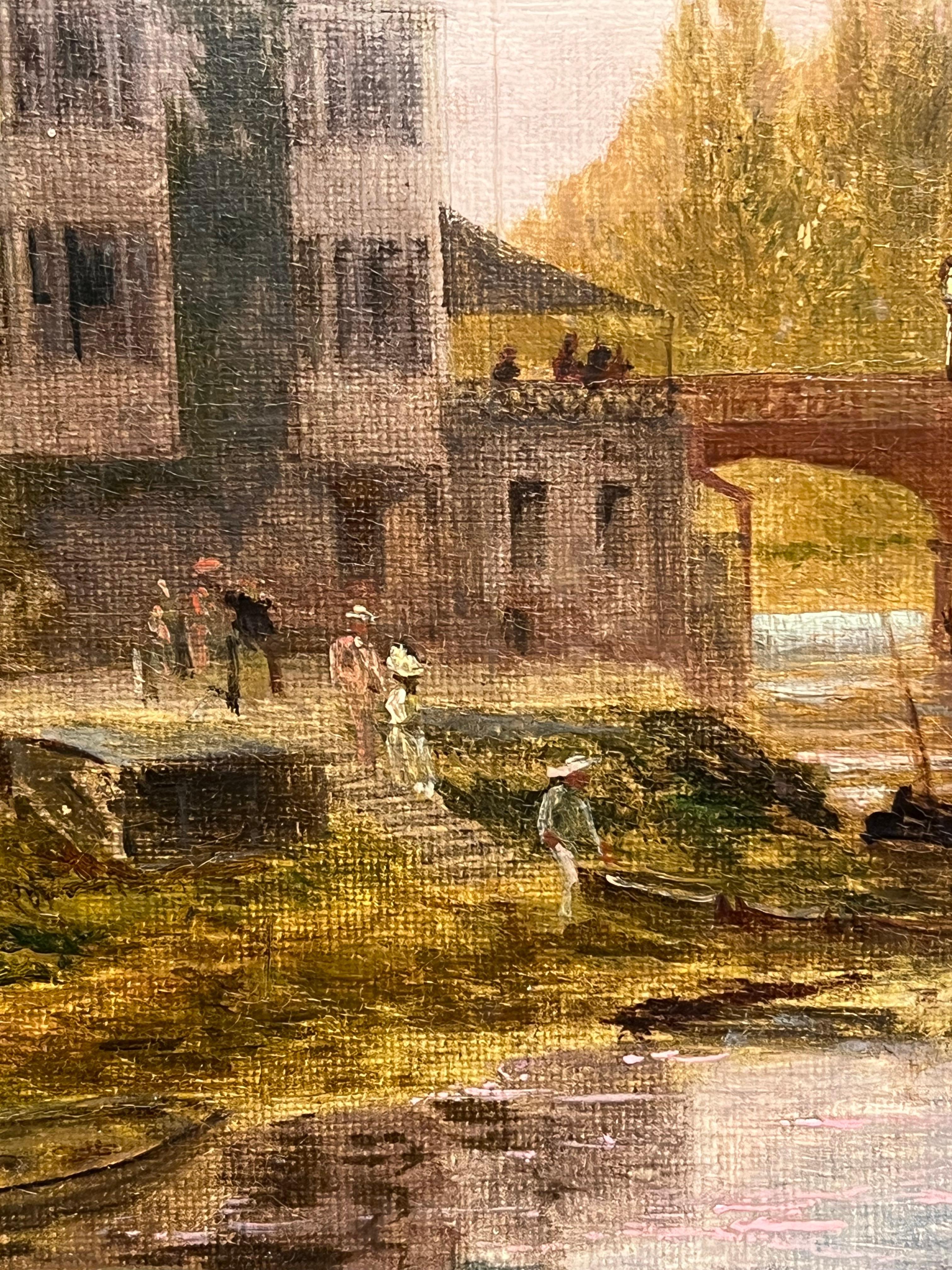 Ancienne peinture à l'huile anglaise Elegant Figures by River Ancient Castle Building en vente 5