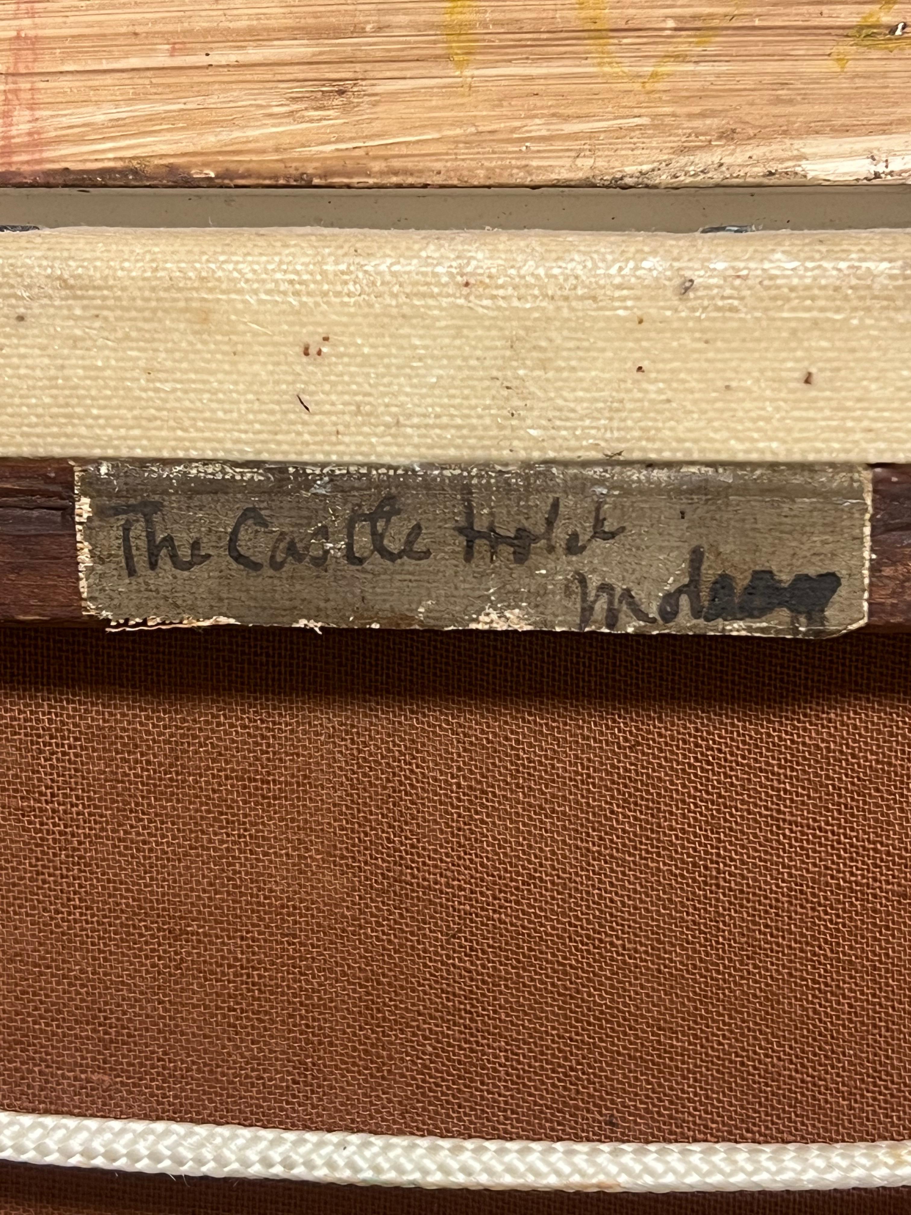 Ancienne peinture à l'huile anglaise Elegant Figures by River Ancient Castle Building en vente 6