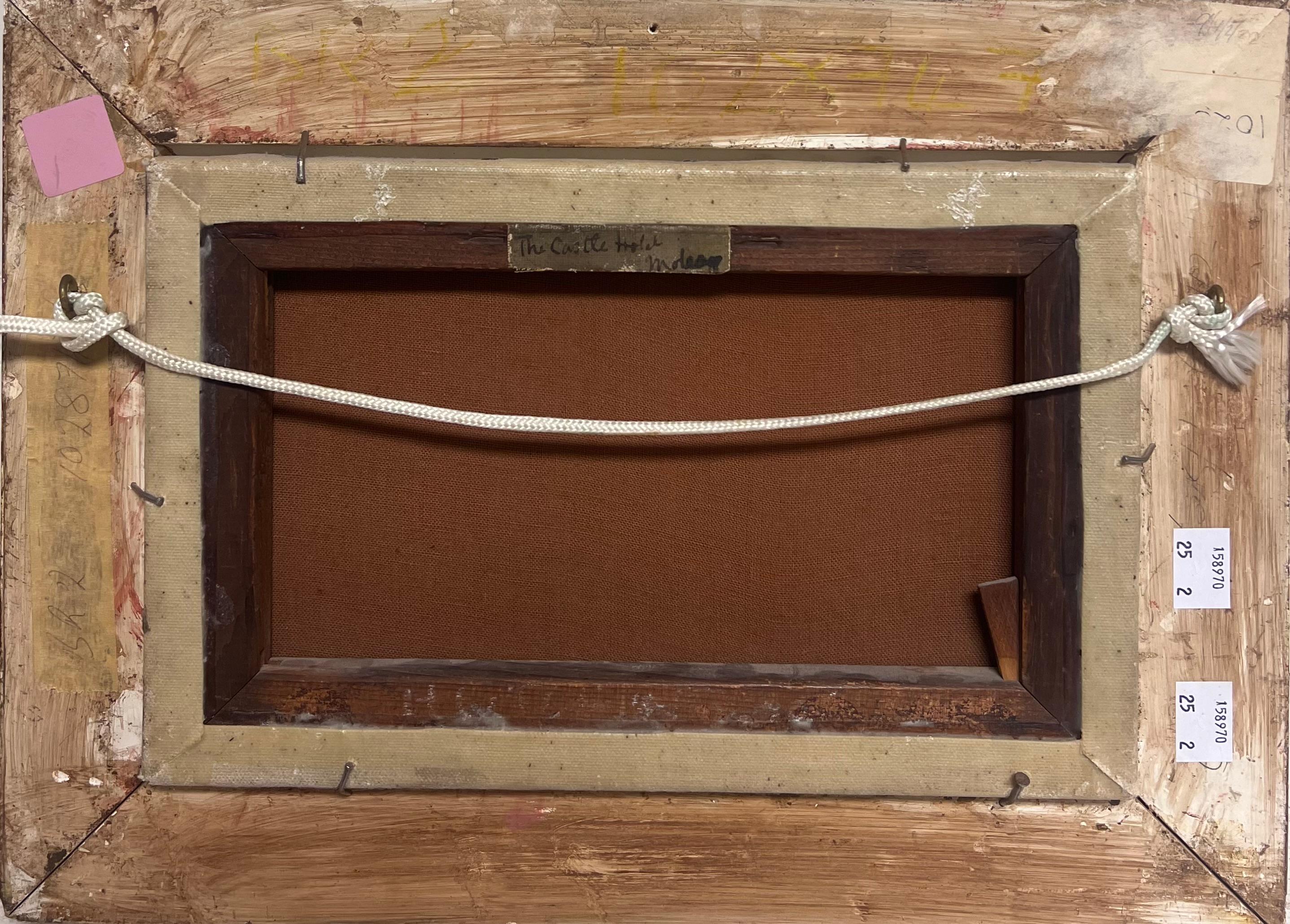 Ancienne peinture à l'huile anglaise Elegant Figures by River Ancient Castle Building en vente 7