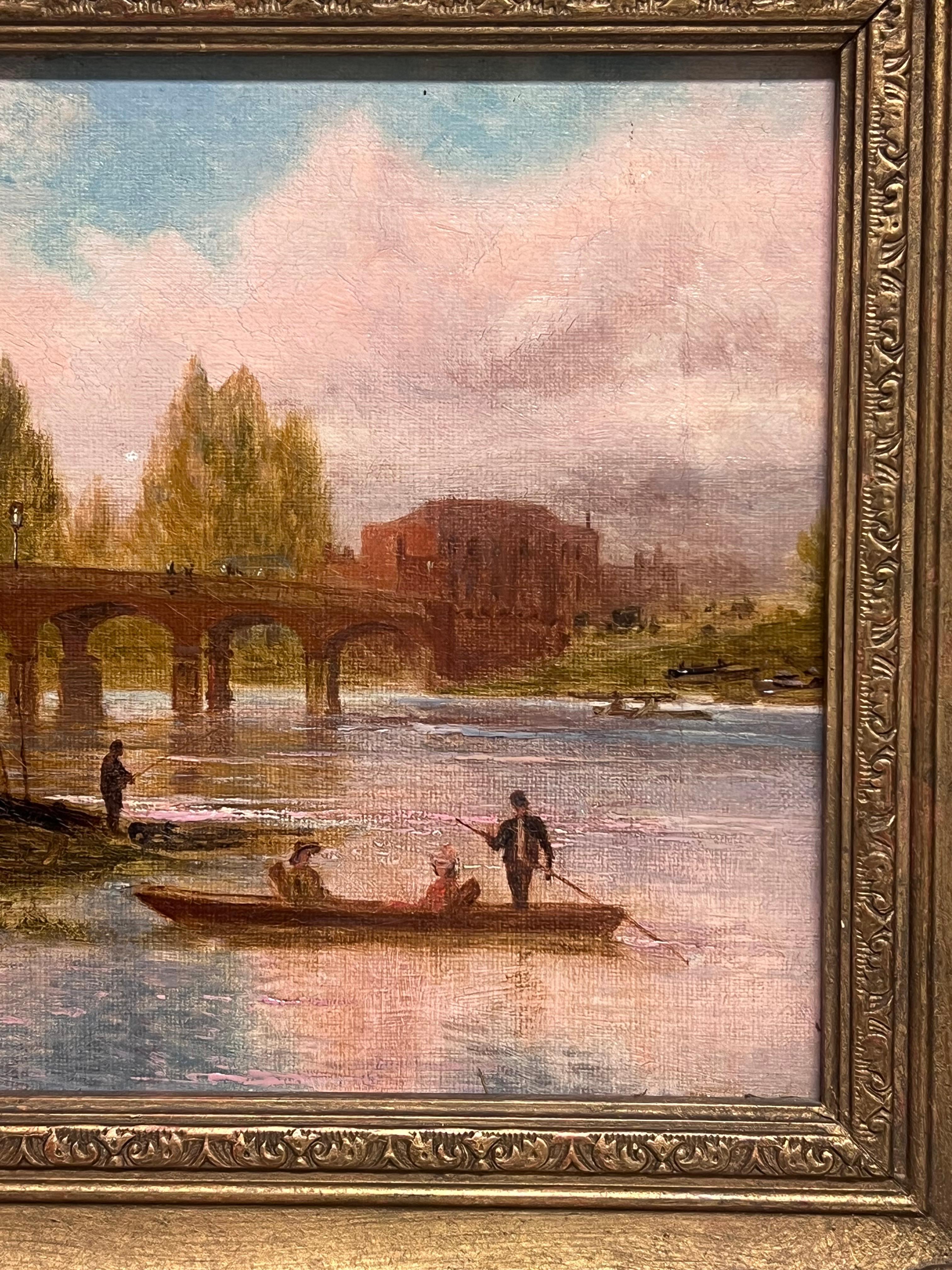 Ancienne peinture à l'huile anglaise Elegant Figures by River Ancient Castle Building - Painting de English School (19th century)