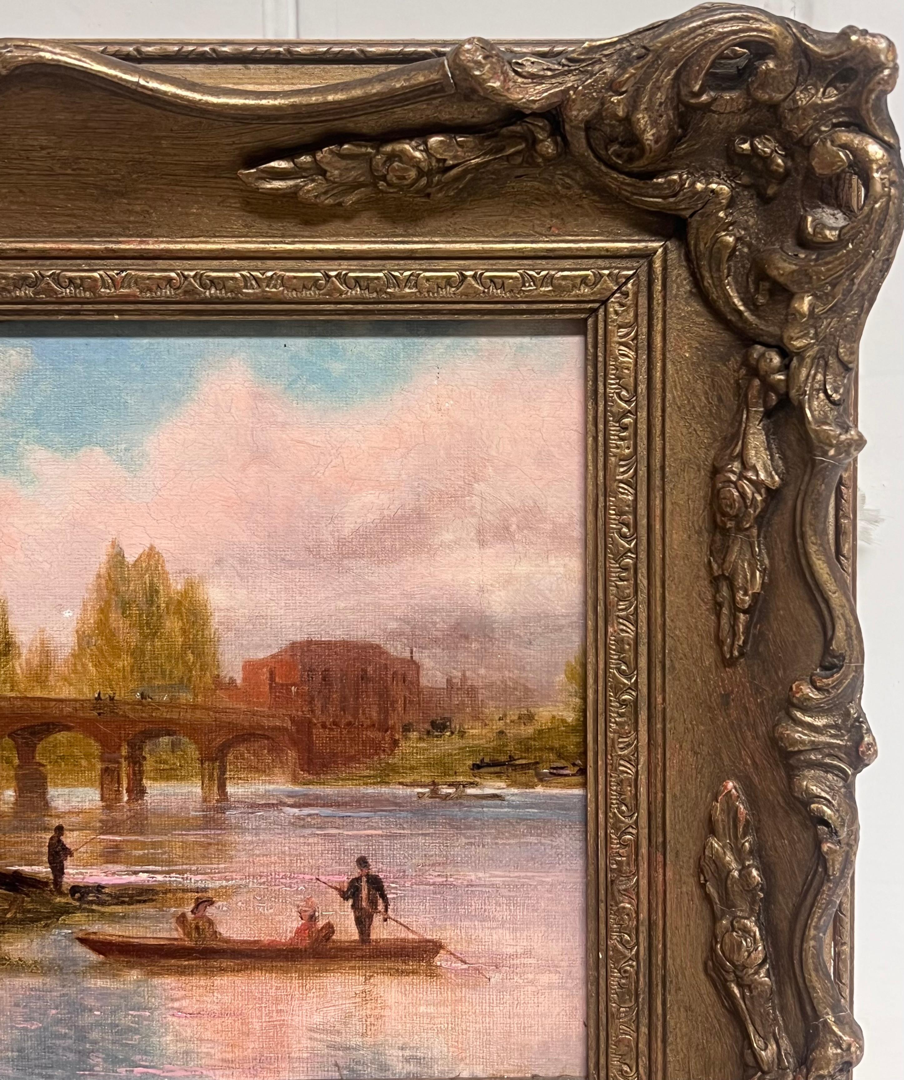 Ancienne peinture à l'huile anglaise Elegant Figures by River Ancient Castle Building - Victorien Painting par English School (19th century)