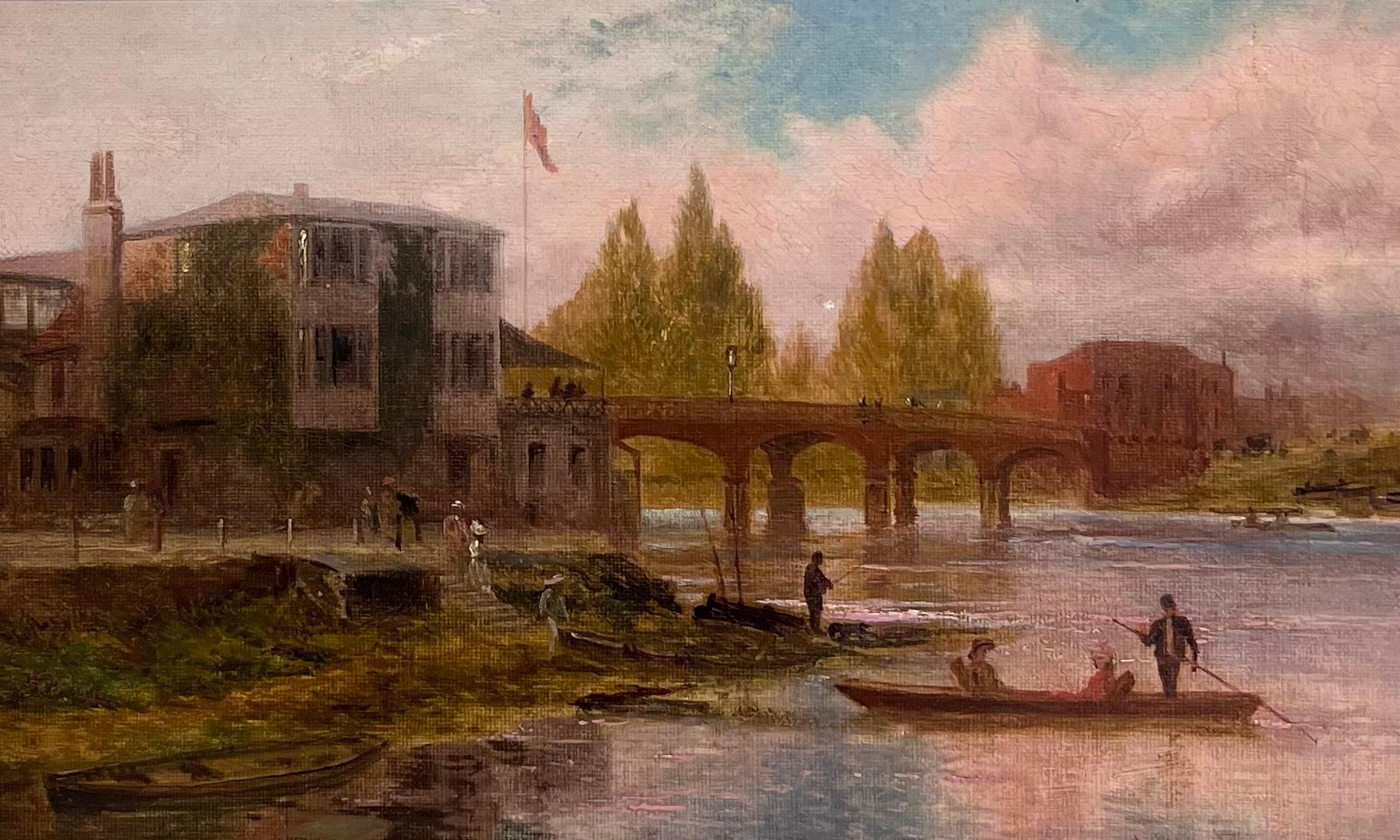 Ancienne peinture à l'huile anglaise Elegant Figures by River Ancient Castle Building - Marron Figurative Painting par English School (19th century)