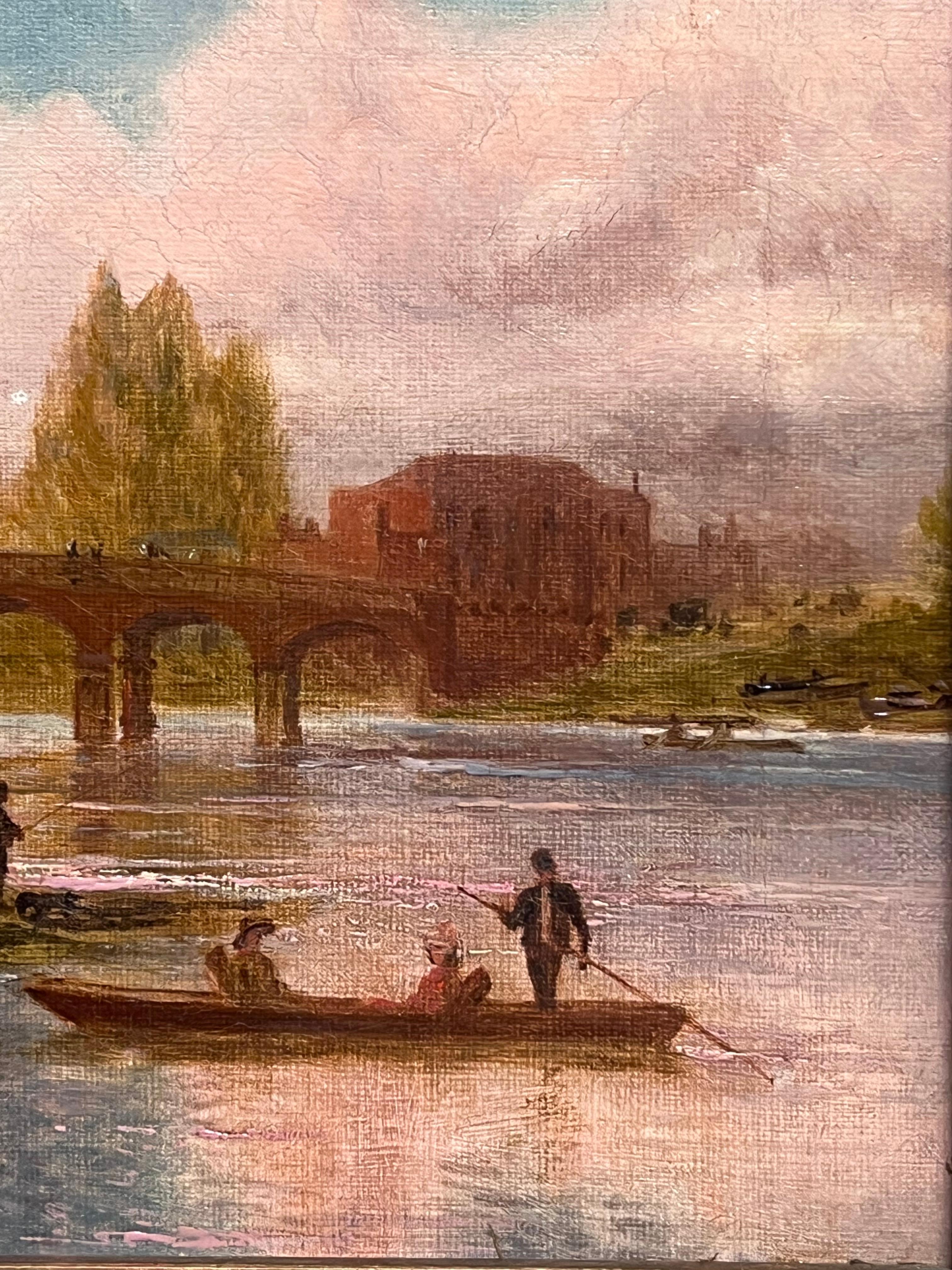 Ancienne peinture à l'huile anglaise Elegant Figures by River Ancient Castle Building en vente 1