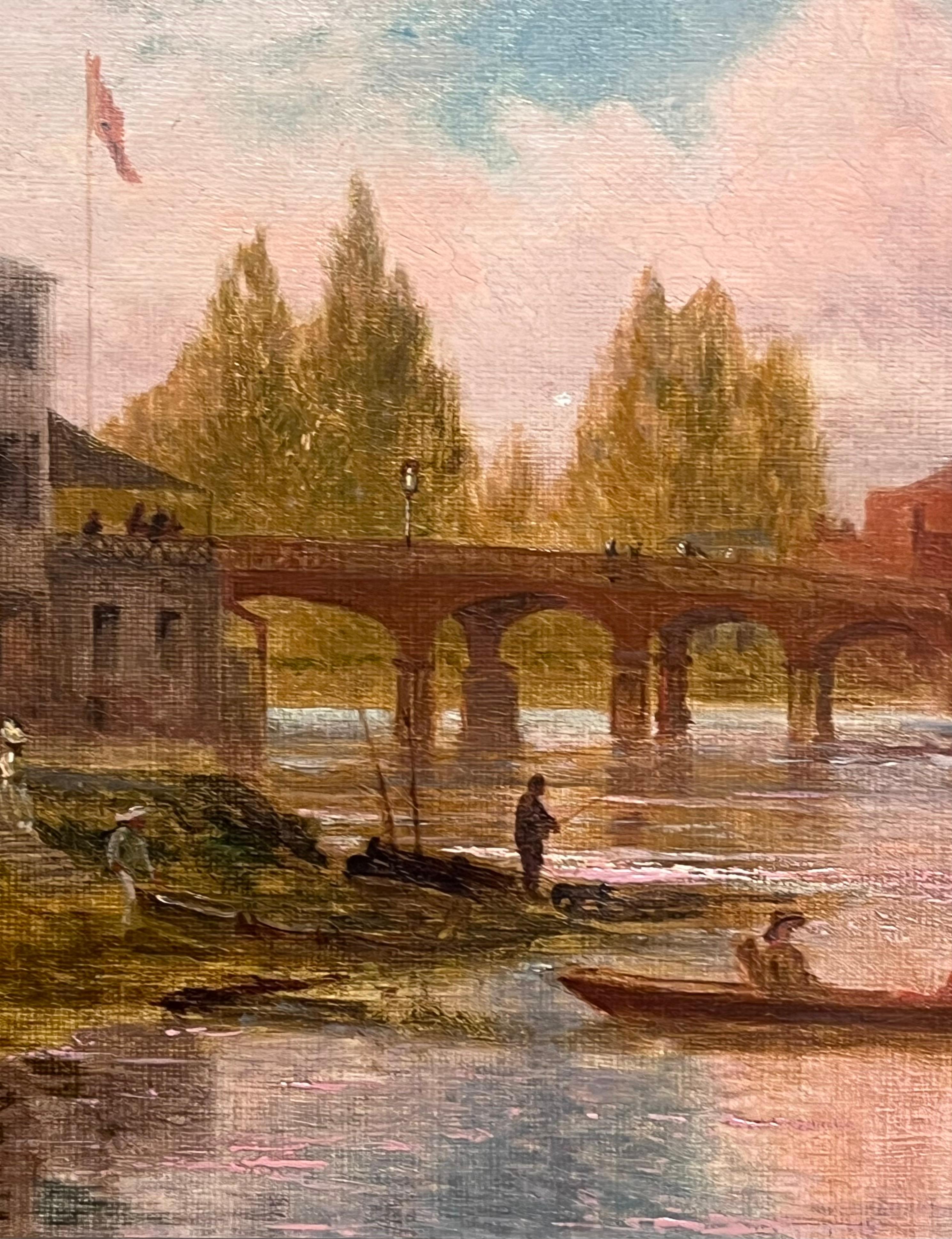 Ancienne peinture à l'huile anglaise Elegant Figures by River Ancient Castle Building en vente 2