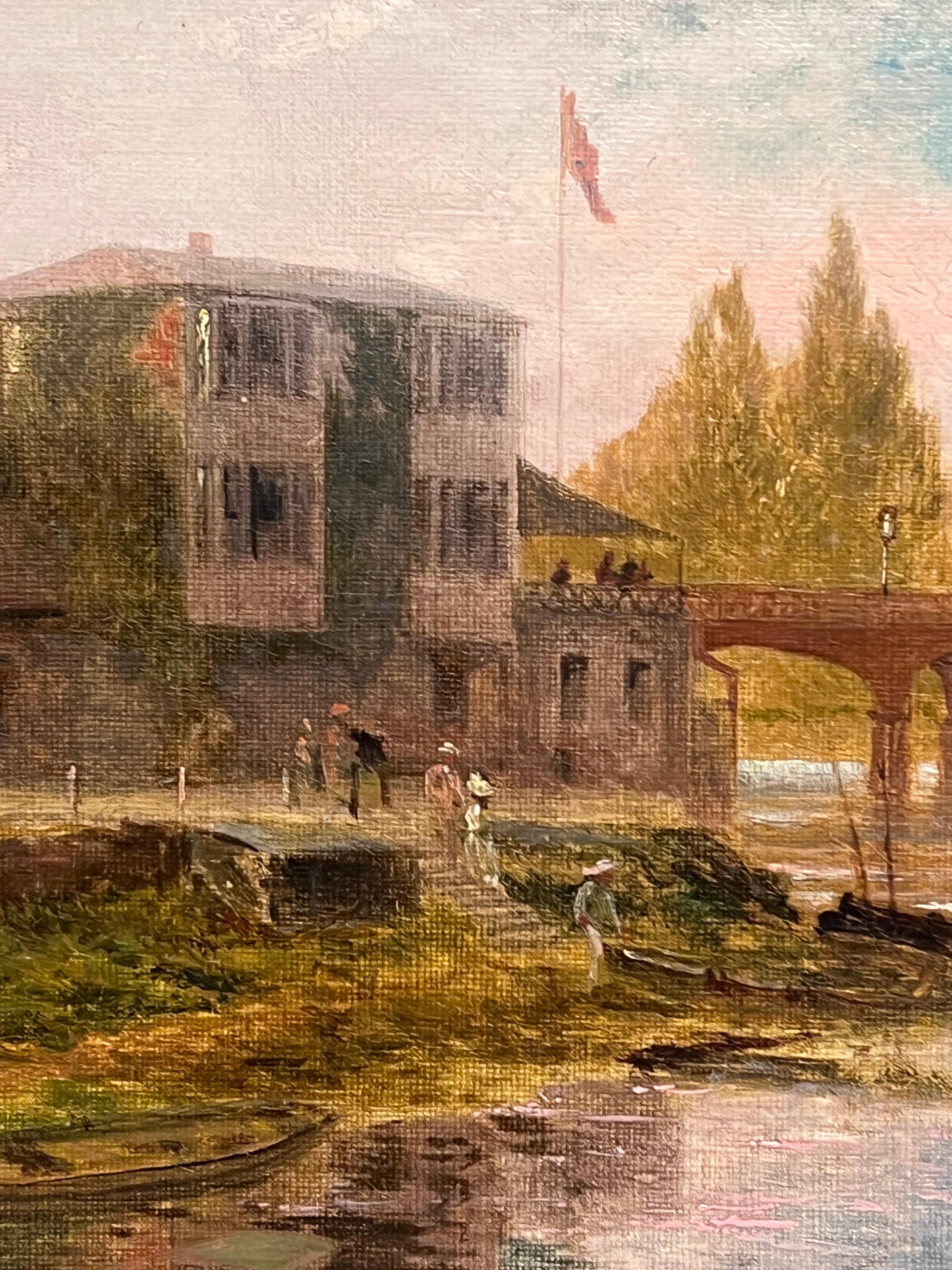 Ancienne peinture à l'huile anglaise Elegant Figures by River Ancient Castle Building en vente 3