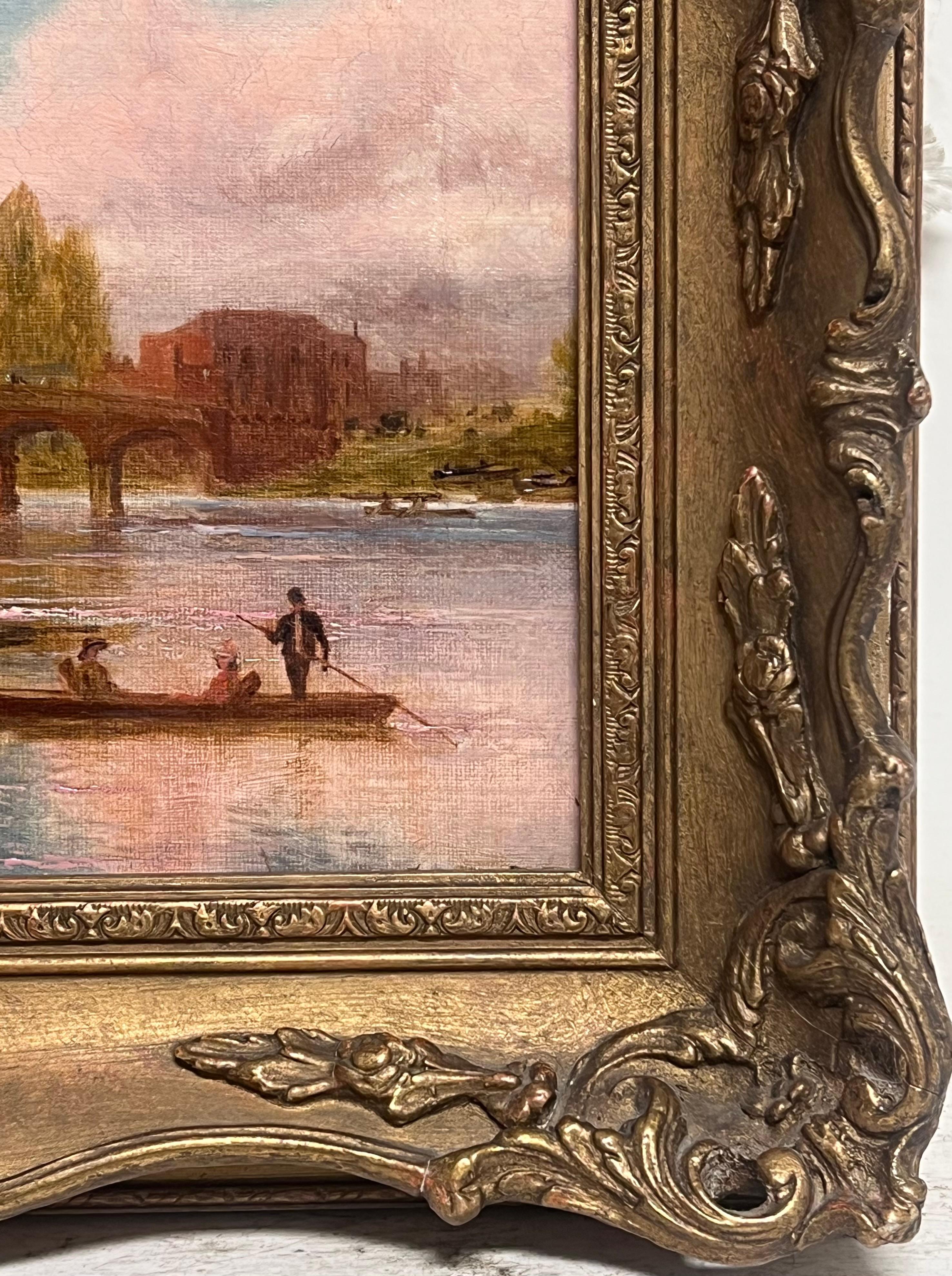 Ancienne peinture à l'huile anglaise Elegant Figures by River Ancient Castle Building en vente 4